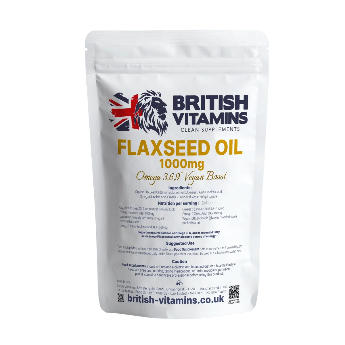 Flaxseed Oil 1000mg Omega 3, 6, 9 Food Supplement British Vitamins softgels