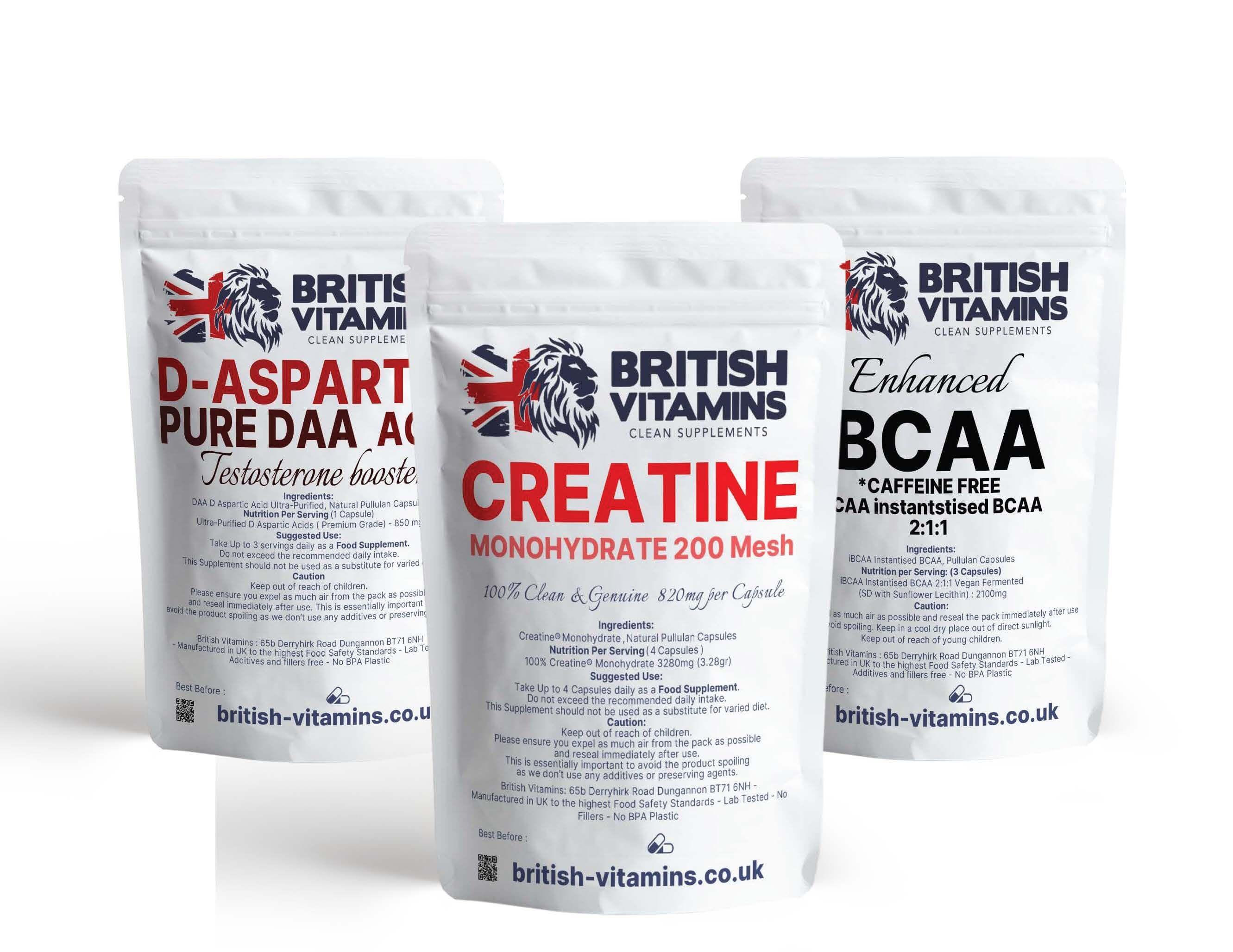 DAA, IBCAA and Creatine - Bundle - Gym Health & Beauty:Vitamins & Lifestyle Supplements:Sports Supplements:Protein Shakes & Bodybuilding British Vitamins 180 capsules