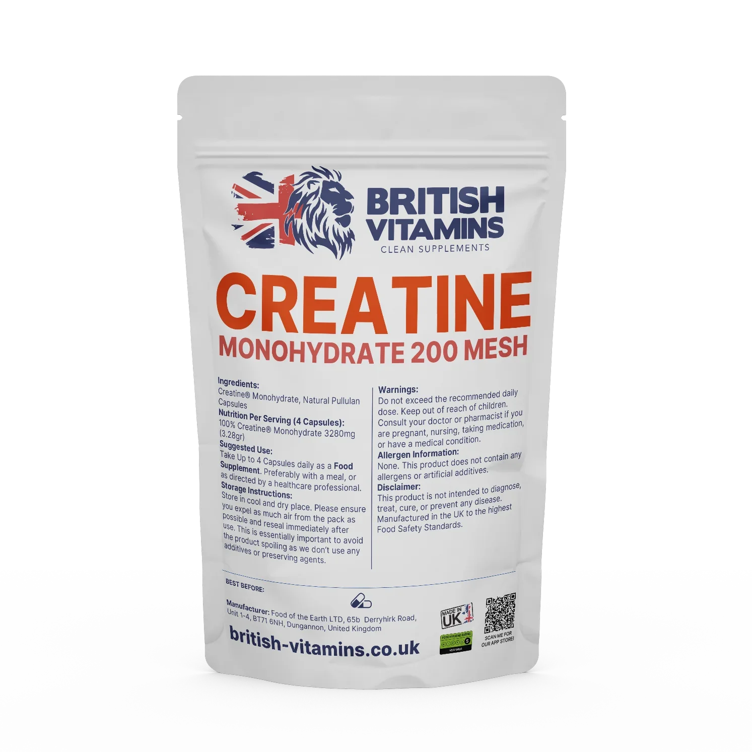 British Vitamins Creatine Monohydrate 200 Mesh food supplement capsules in white resealable pouch