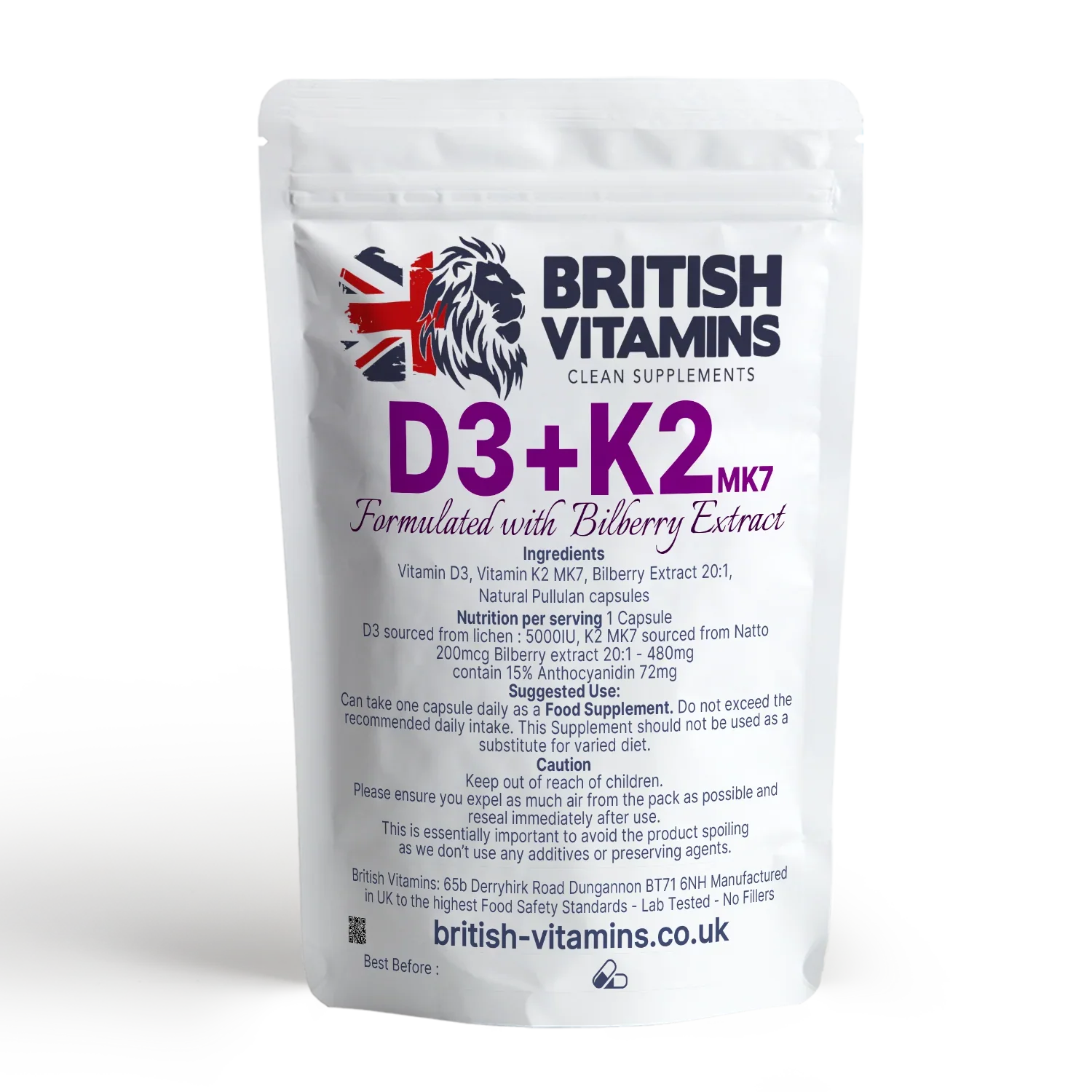 British Vitamins D3+K2 MK7 bilberry extract food supplement capsules packet