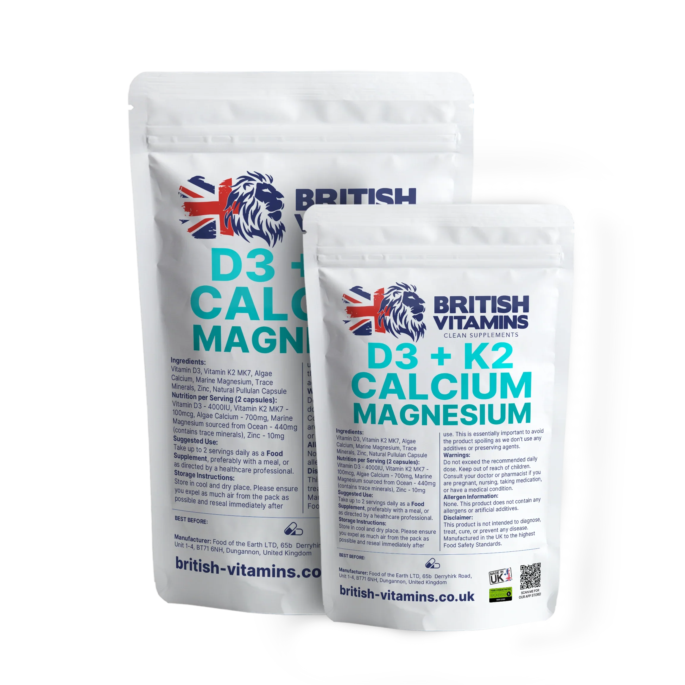 British Vitamins D3 + K2 Calcium Magnesium food supplement pouches from health and lifestyle supplements collection