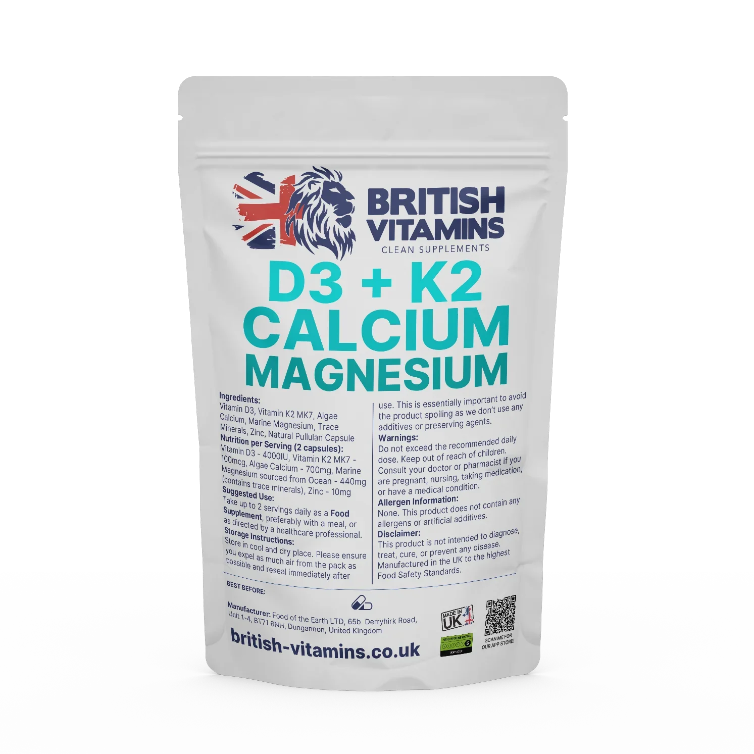 British Vitamins D3 + K2 Calcium Magnesium capsules food supplement from clean supplements collection