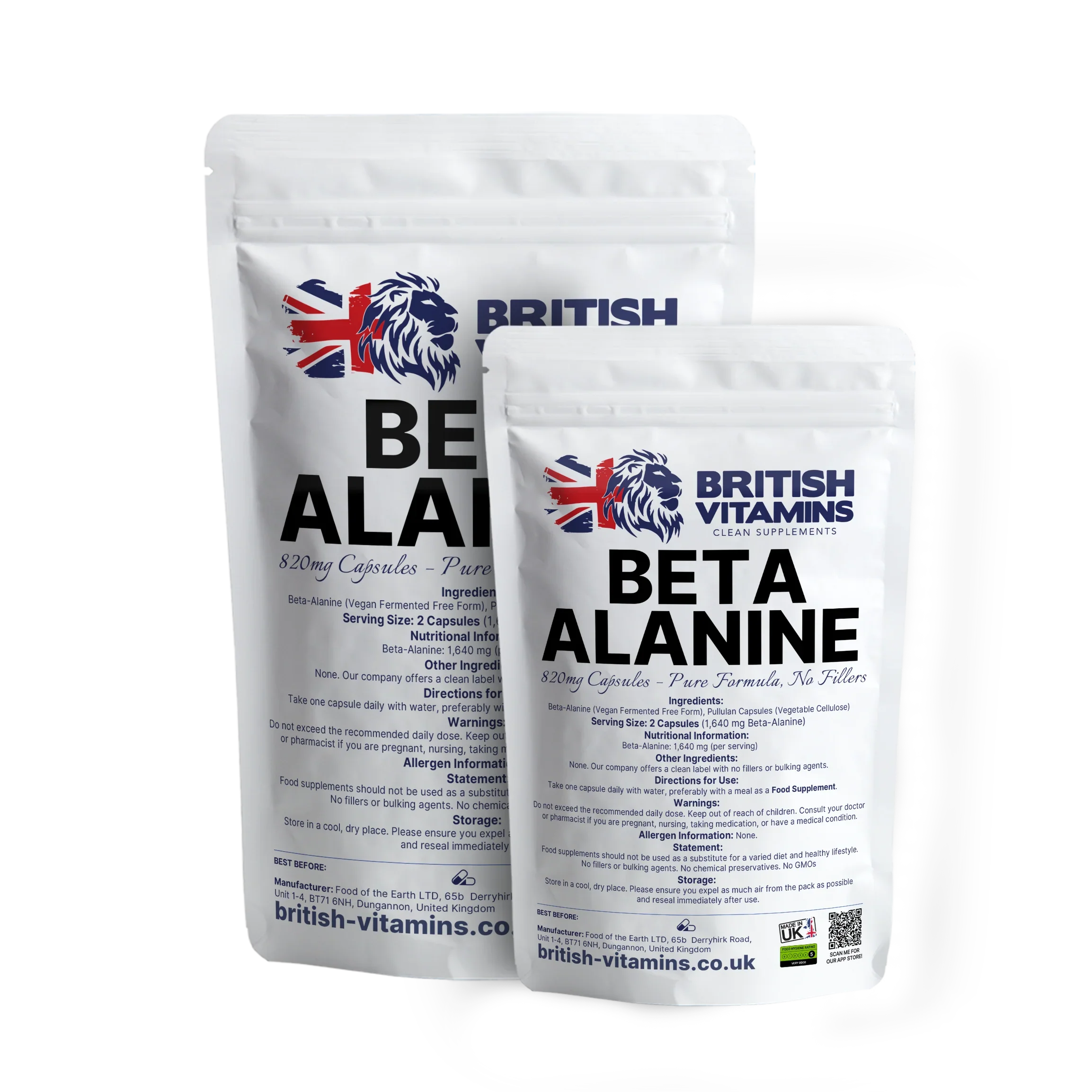 British Vitamins Beta Alanine food supplement capsules in white resealable pouches, health and sports supplements