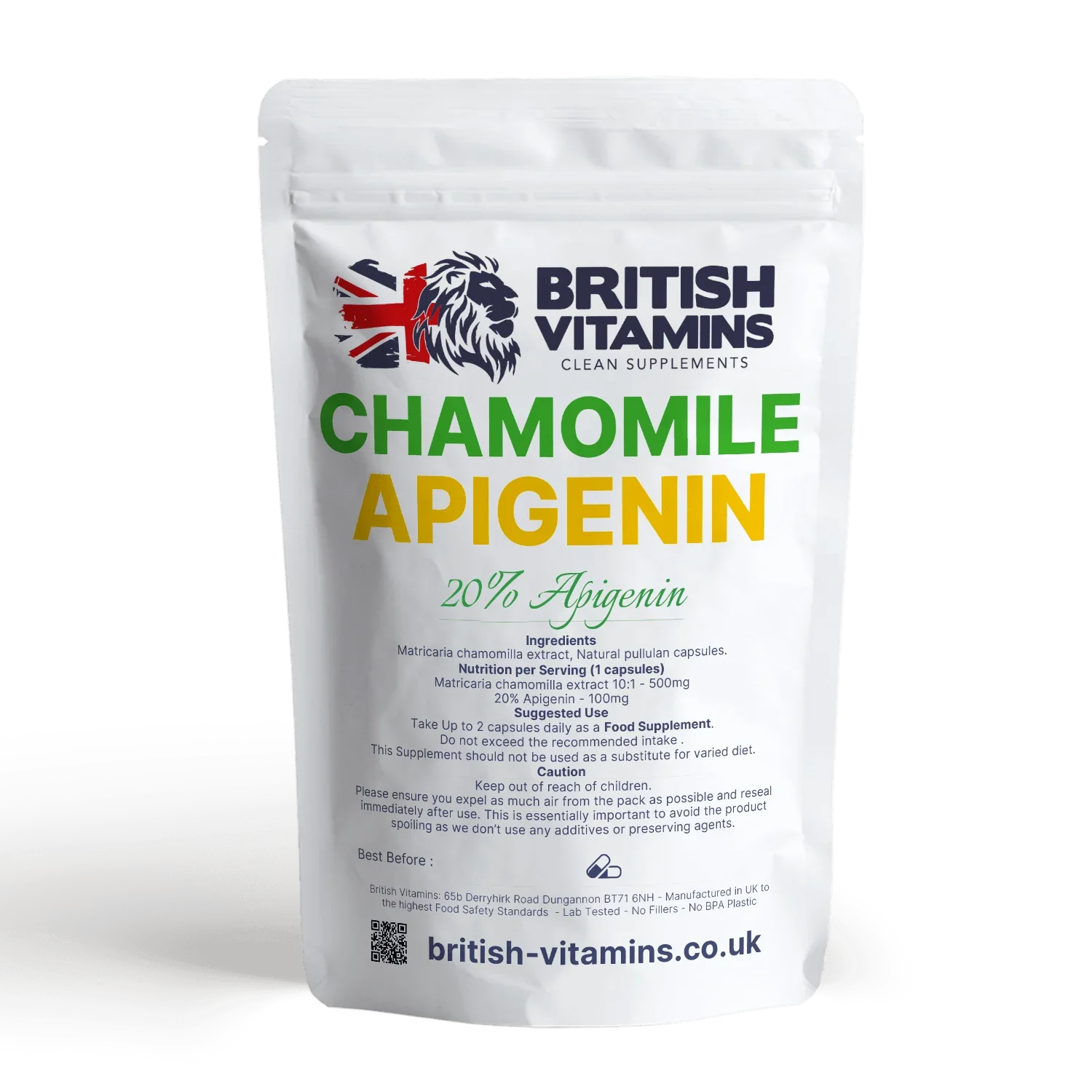 British Vitamins Chamomile Apigenin food supplement capsules in white resealable pouch, natural extract