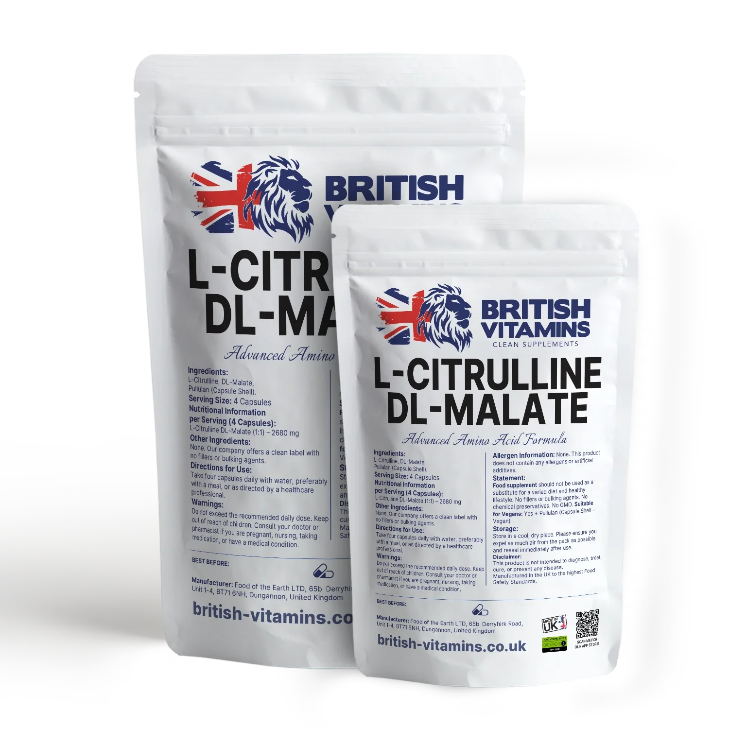 British Vitamins L-Citrulline DL-Malate food supplement capsules in white resealable bags from health vitamins lifestyle supplements collection
