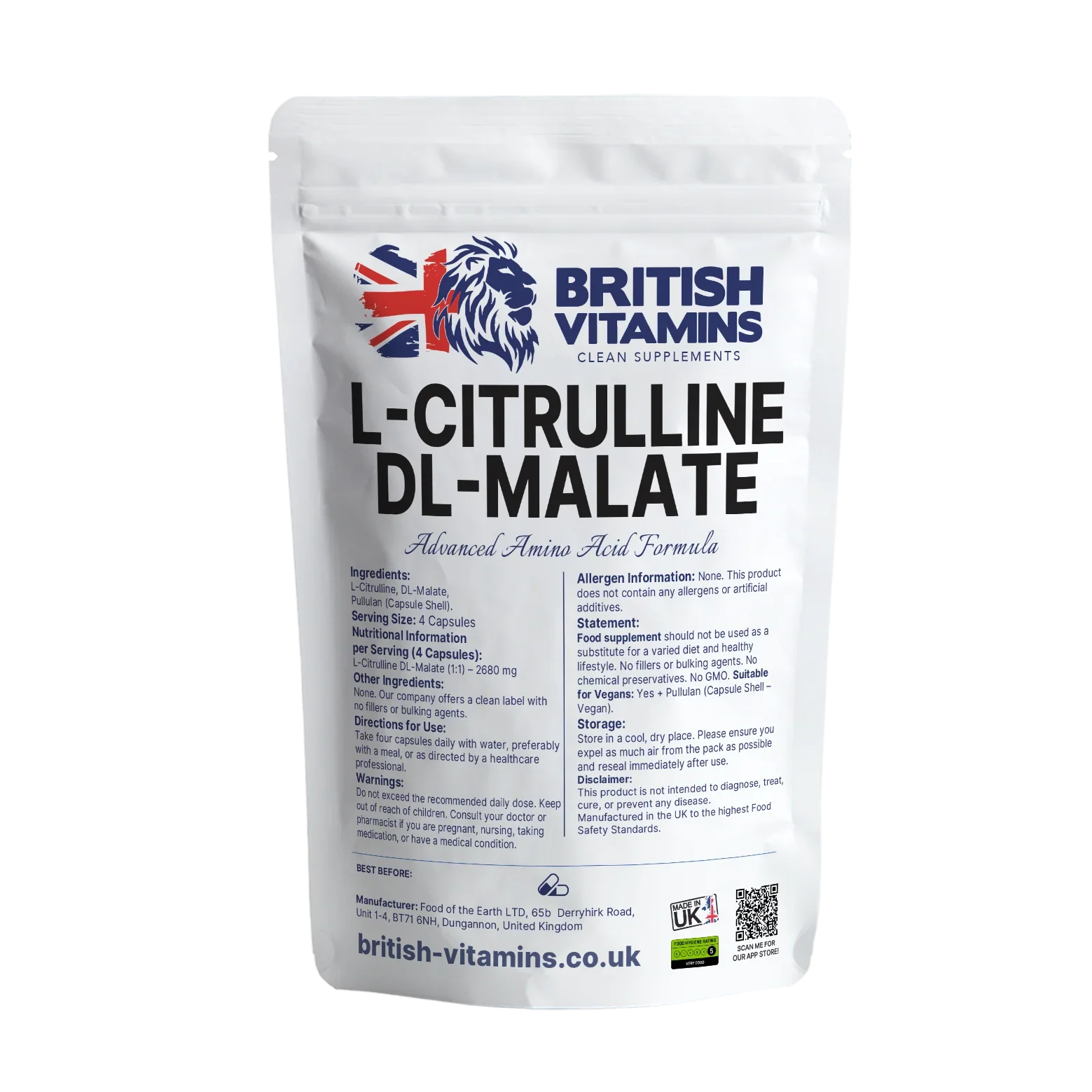 British Vitamins L-Citrulline DL-Malate food supplement pouch from clean supplements collection