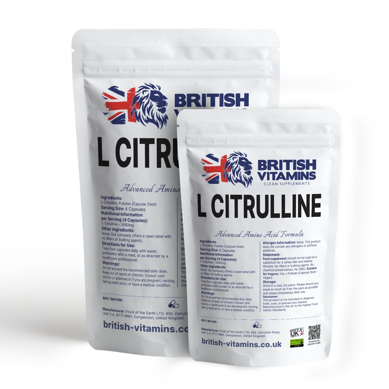 British Vitamins L Citrulline advanced amino acid formula food supplement in white resealable pouches
