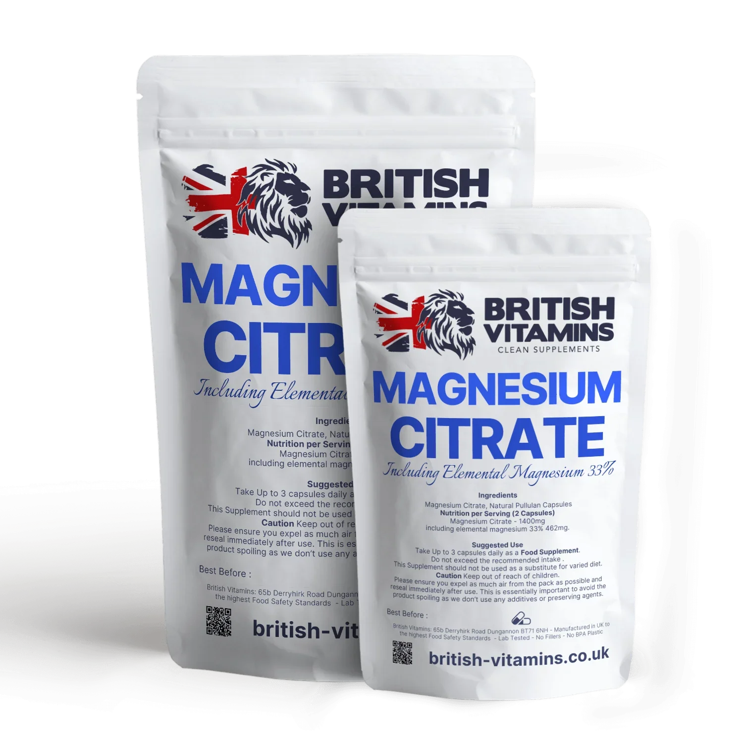 British Vitamins Magnesium Citrate food supplement capsules in white resealable pouches, health supplements collection