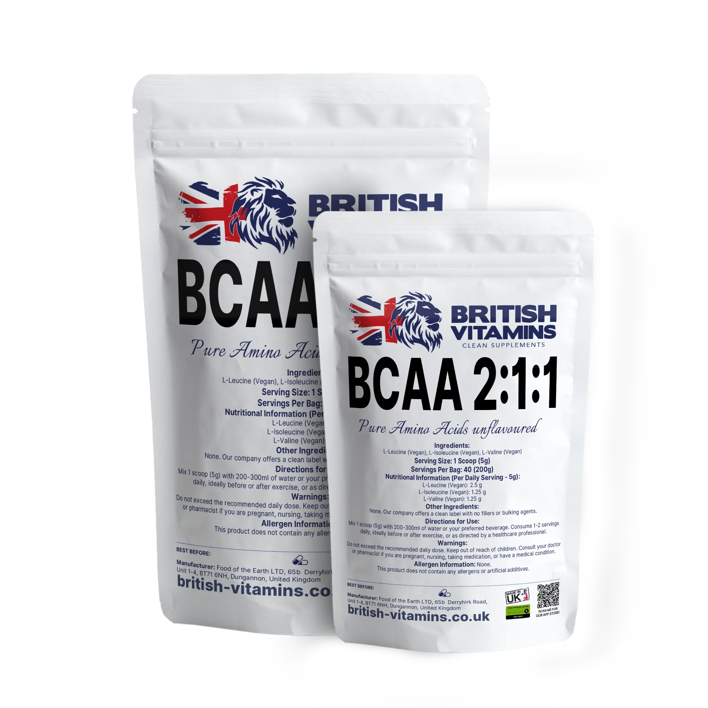 British Vitamins BCAA 2:1:1 unflavoured powder food supplement bag, amino acids category