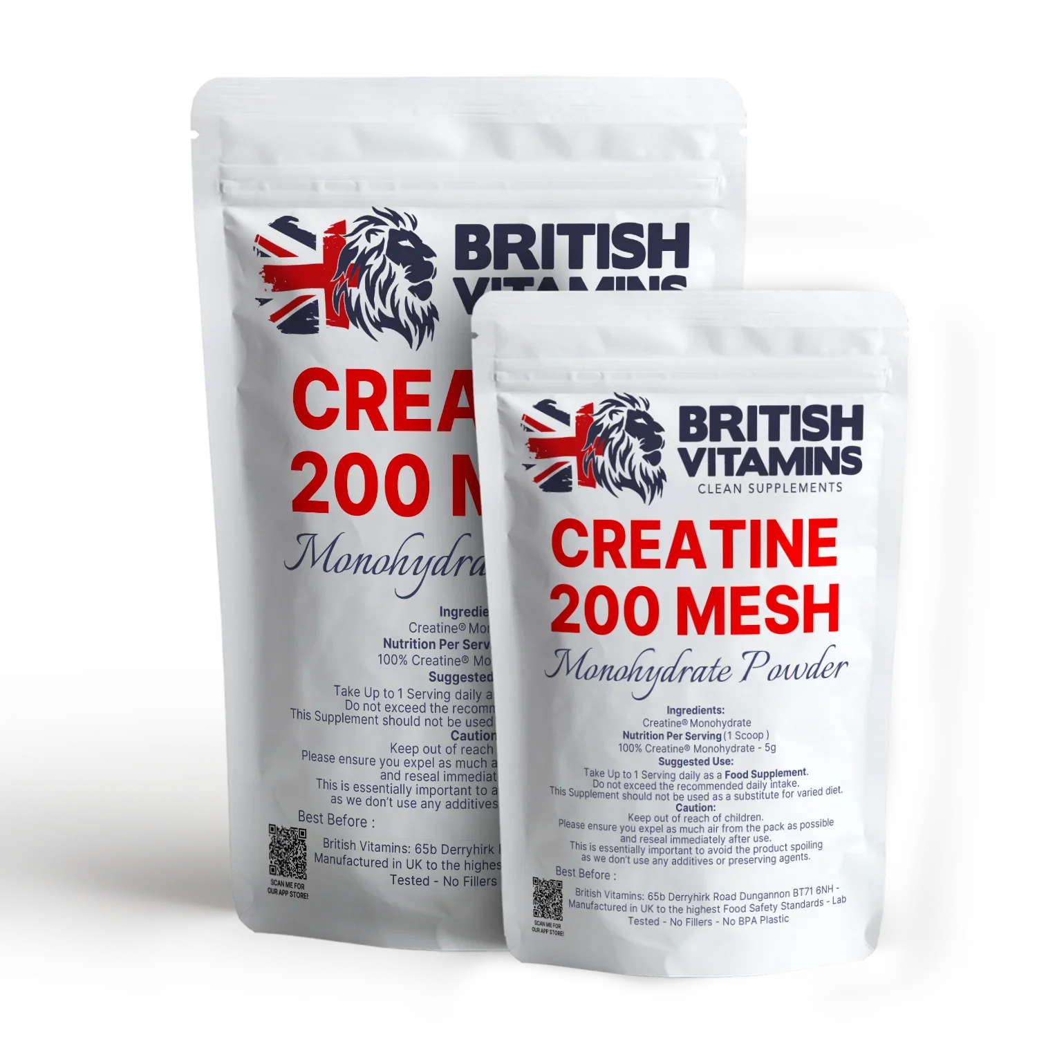 British Vitamins Creatine 200 Mesh Monohydrate Powder food supplement in resealable white pouches