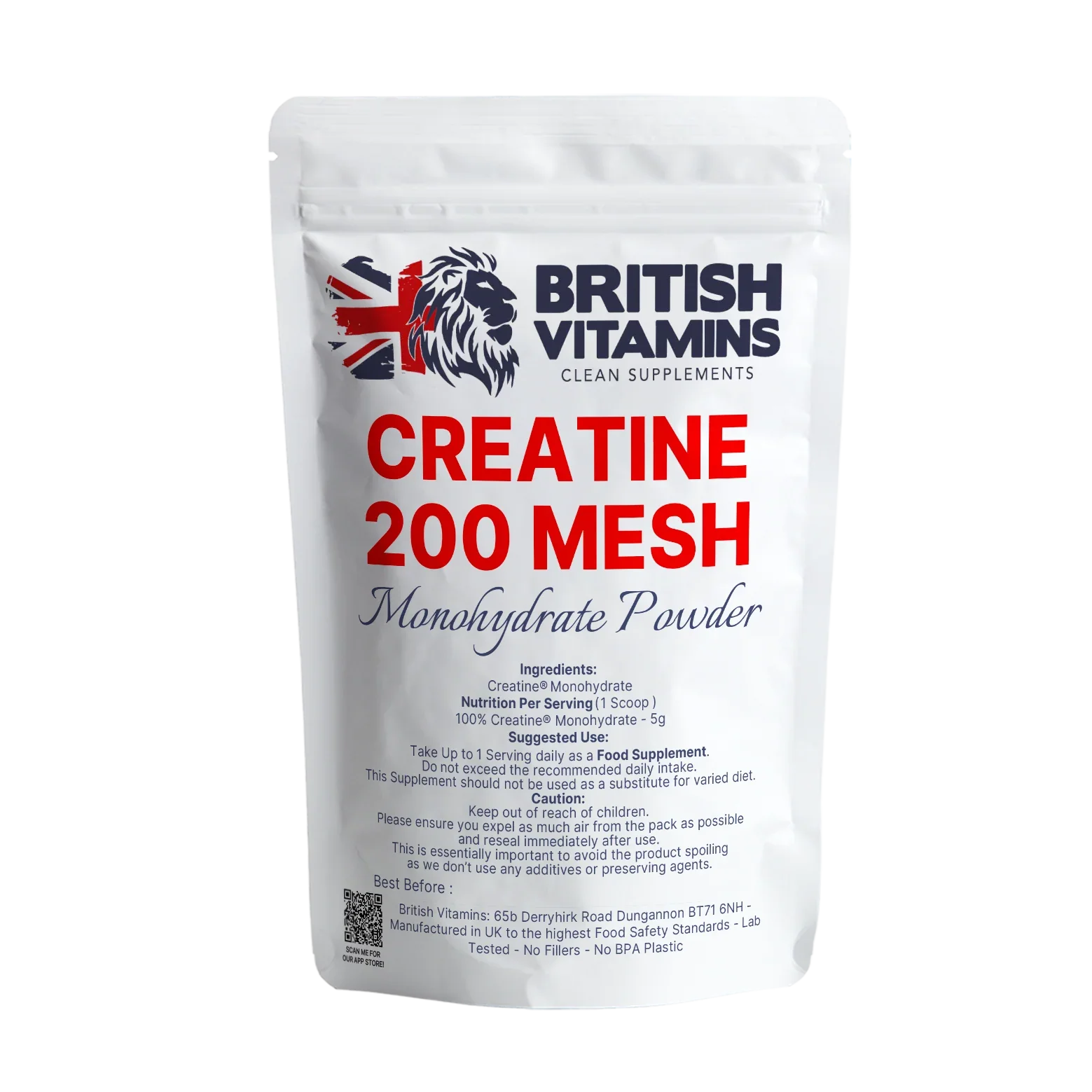 British Vitamins Creatine 200 Mesh Monohydrate Powder food supplement pouch