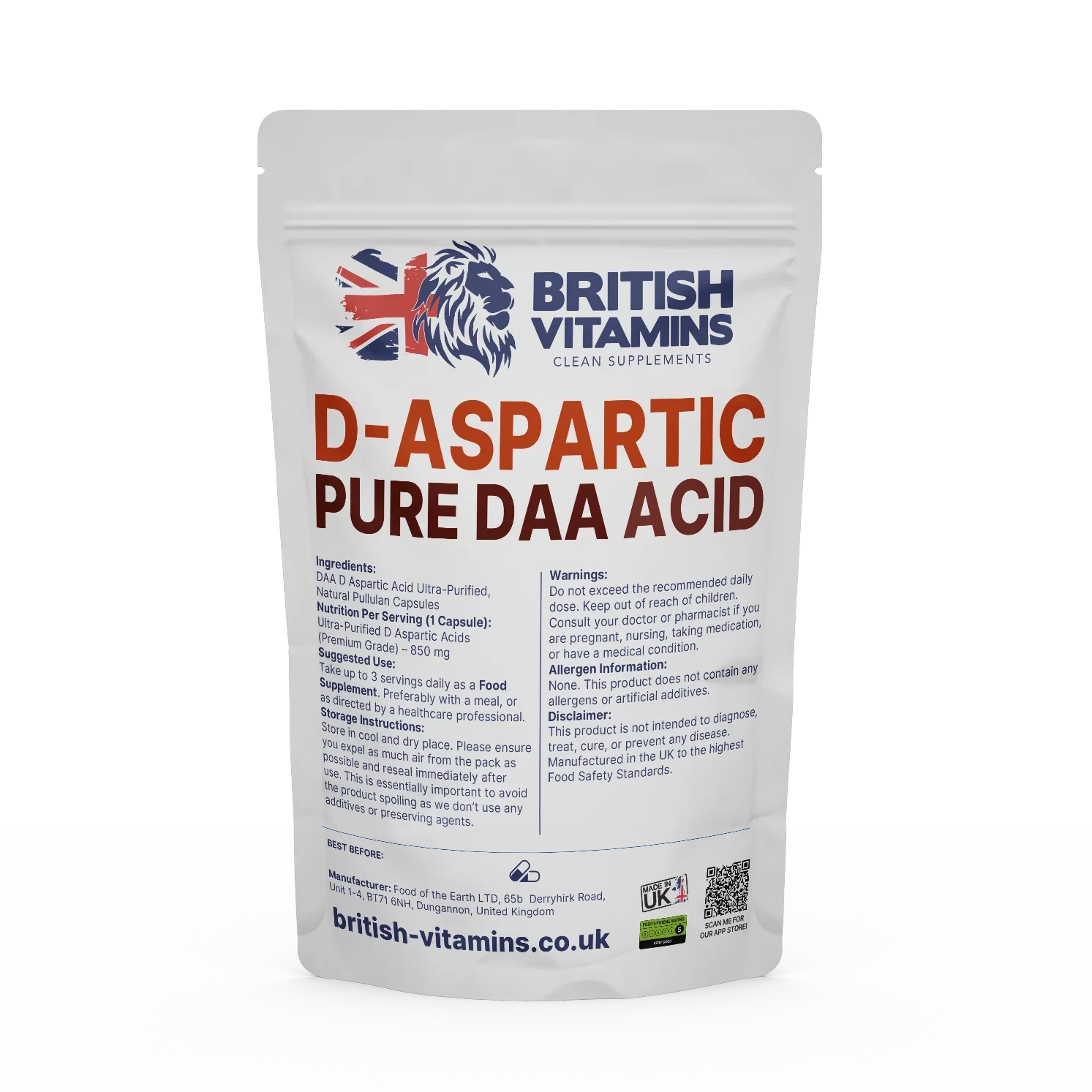 D Aspartic Acid DAA Health & Beauty:Vitamins & Lifestyle Supplements:Vitamins & Minerals British Vitamins 30 Capsules ( 1 Month )