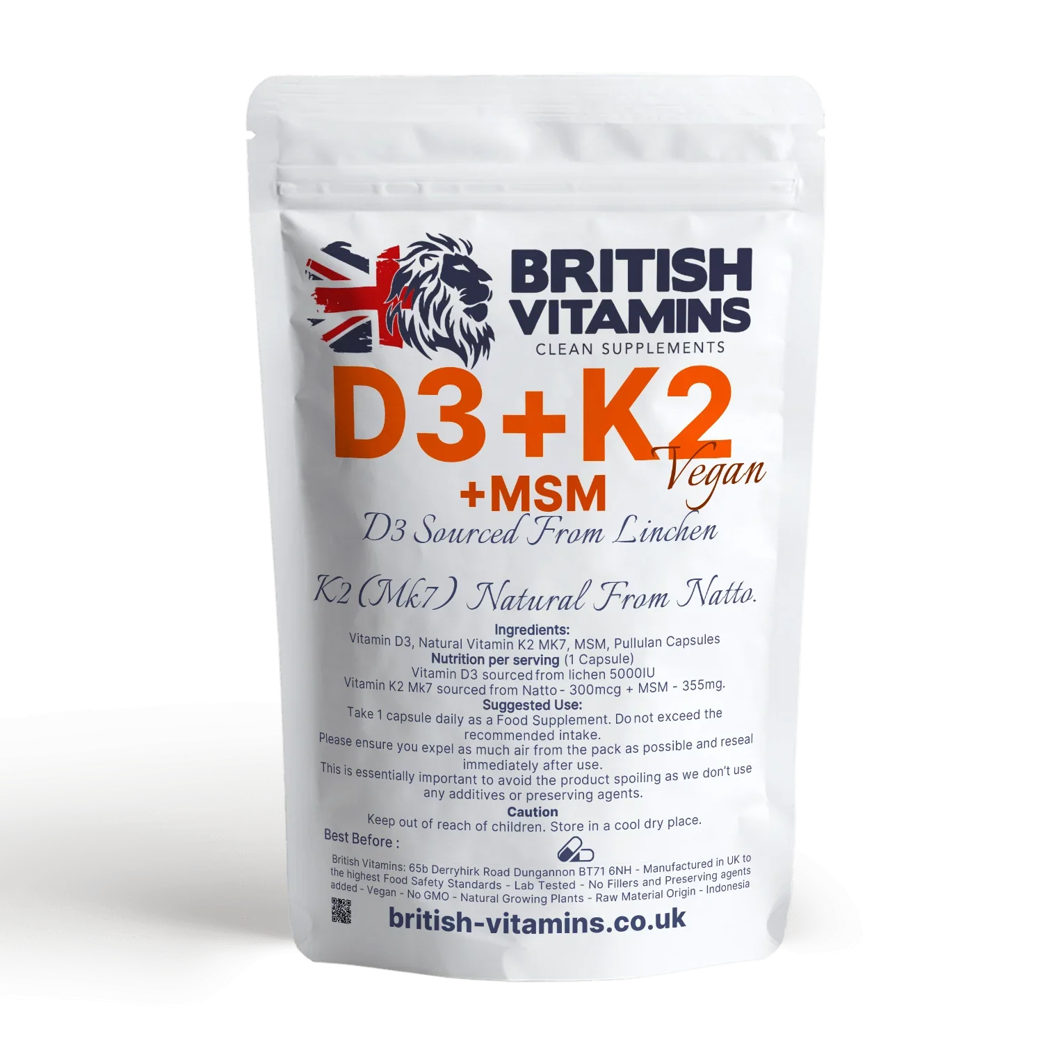 British Vitamins D3+K2+MSM vegan food supplement capsules for health and wellness
