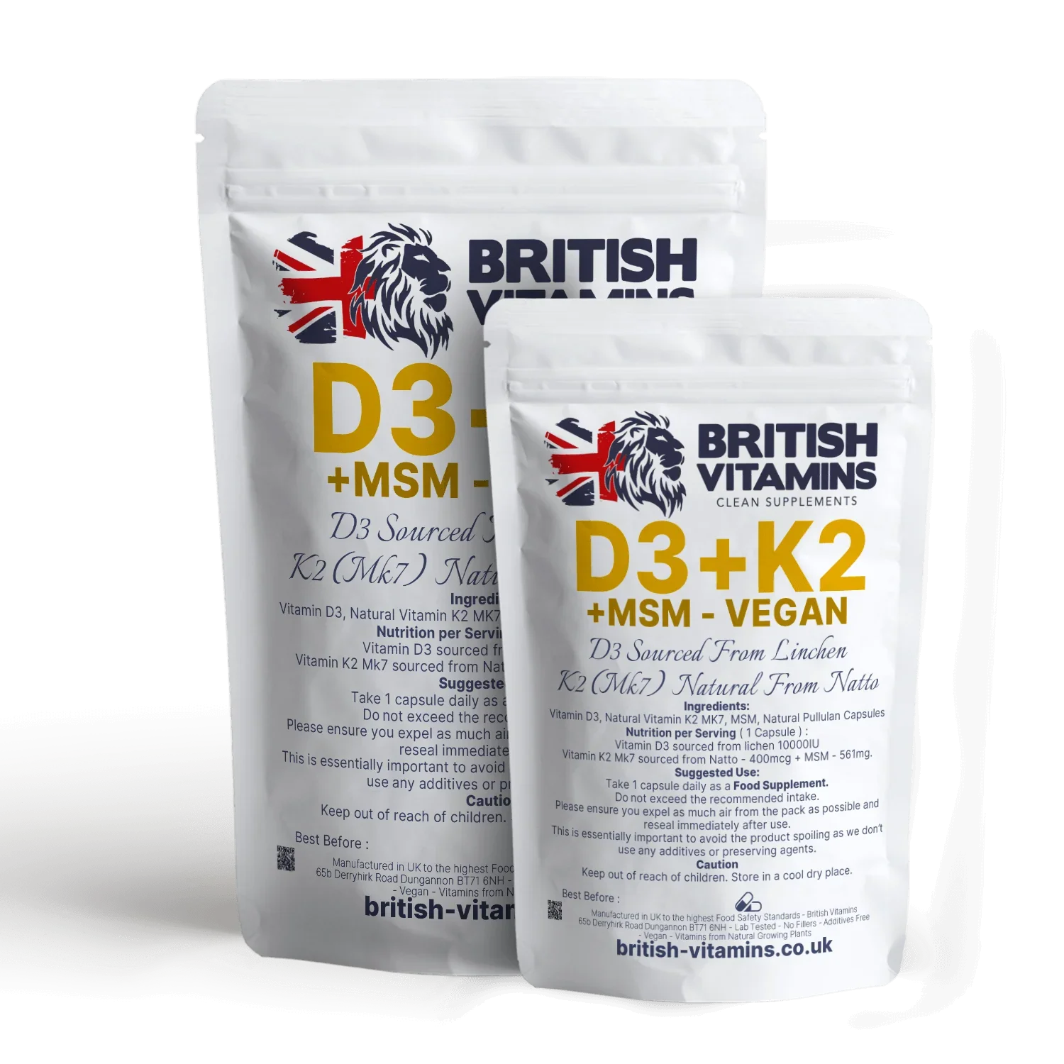 British Vitamins D3+K2+MSM vegan food supplement capsules in resealable white pouches
