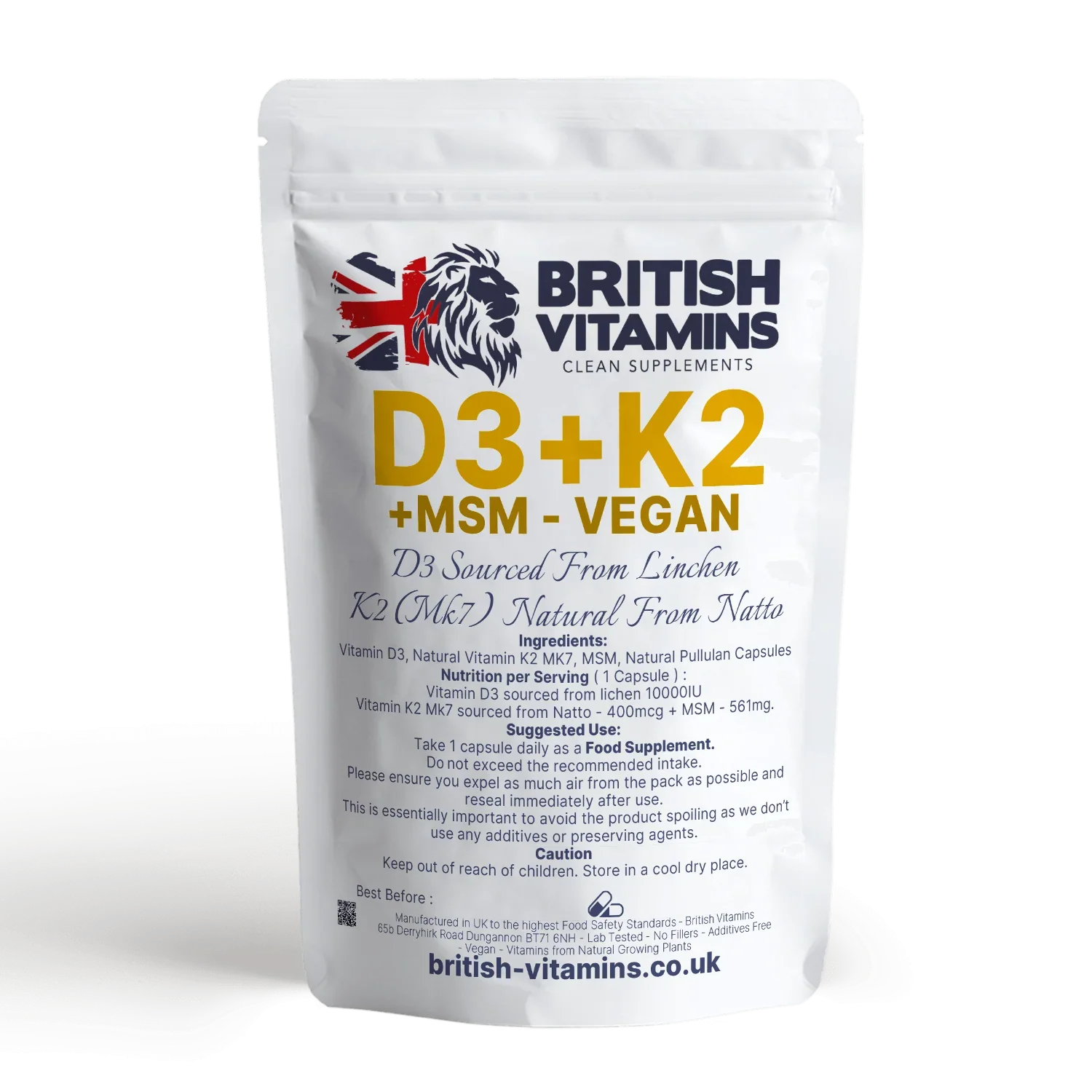 British Vitamins D3 K2 Vegan MSM food supplement capsules from health and beauty vitamins collection
