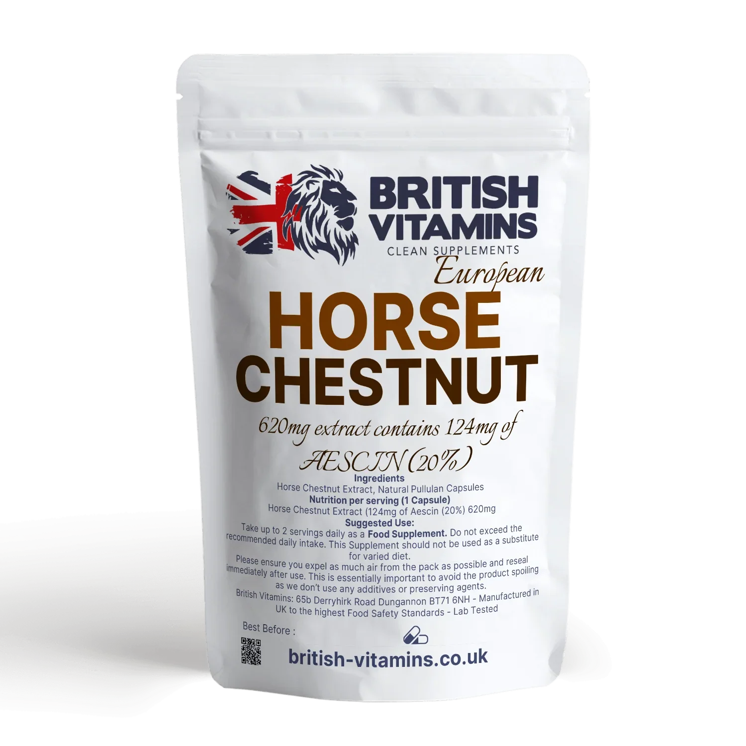 British Vitamins European Horse Chestnut 620mg extract food supplement capsules pouch
