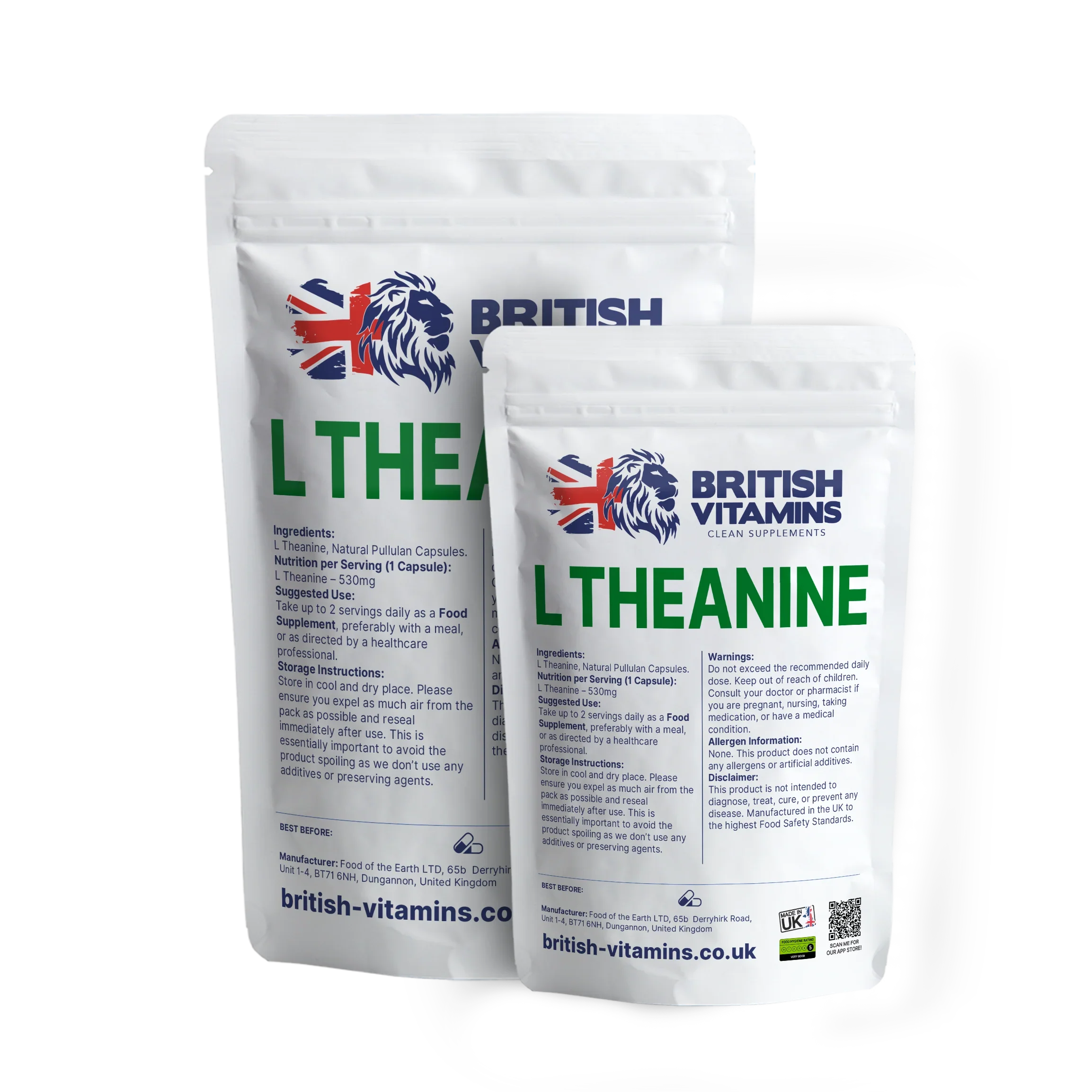 British Vitamins L Theanine food supplement capsules in resealable white pouches, health and lifestyle supplements