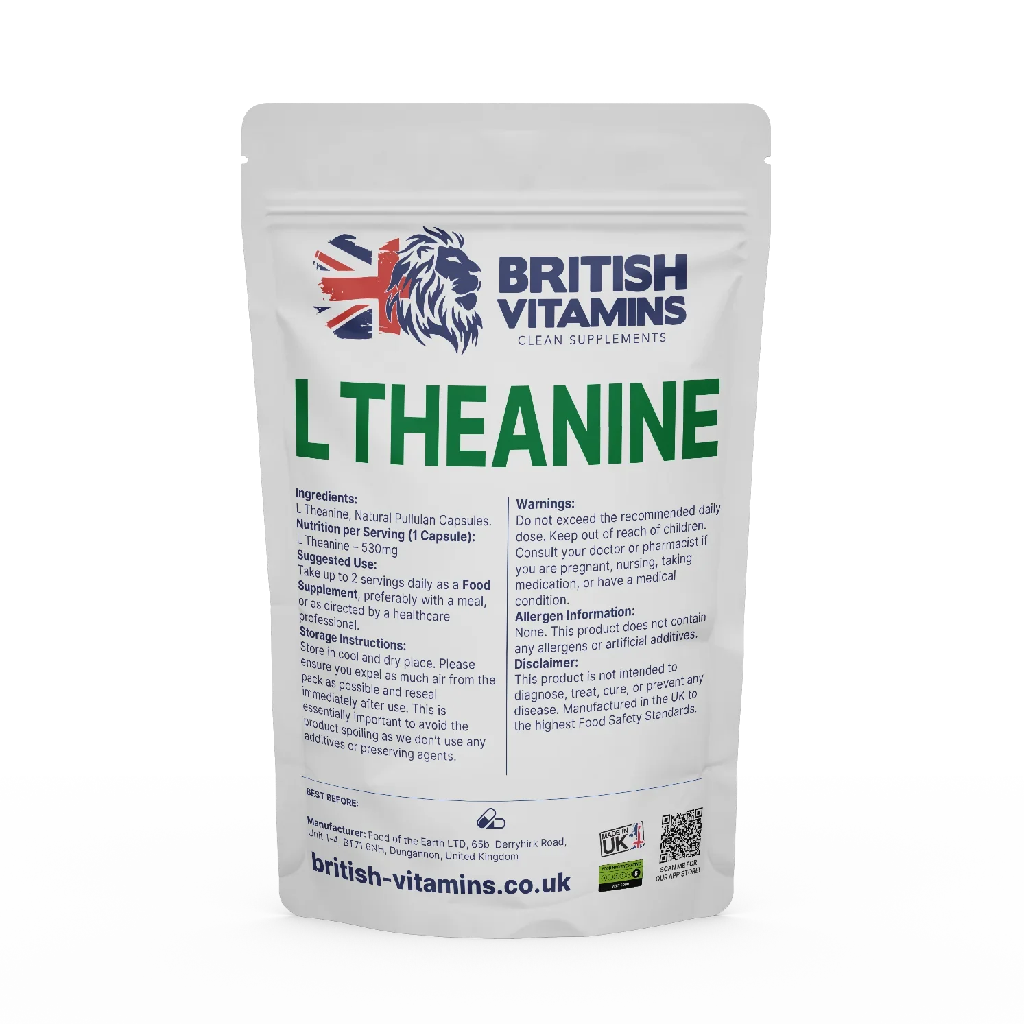 British Vitamins L Theanine food supplement pack from health and beauty vitamins collection