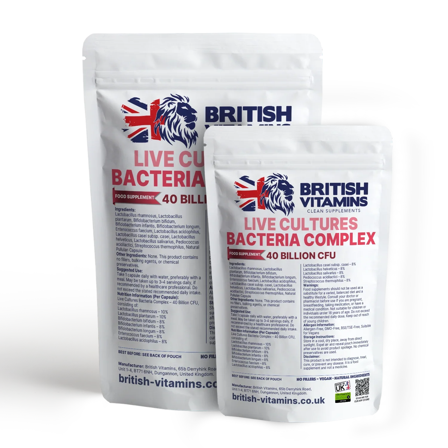 British Vitamins Live Cultures Bacteria Complex food supplement packets with 40 billion CFU, health vitamins