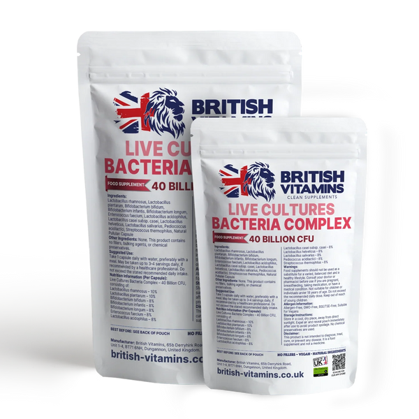 British Vitamins Live Cultures Bacteria Complex food supplement packets with 40 billion CFU, health vitamins