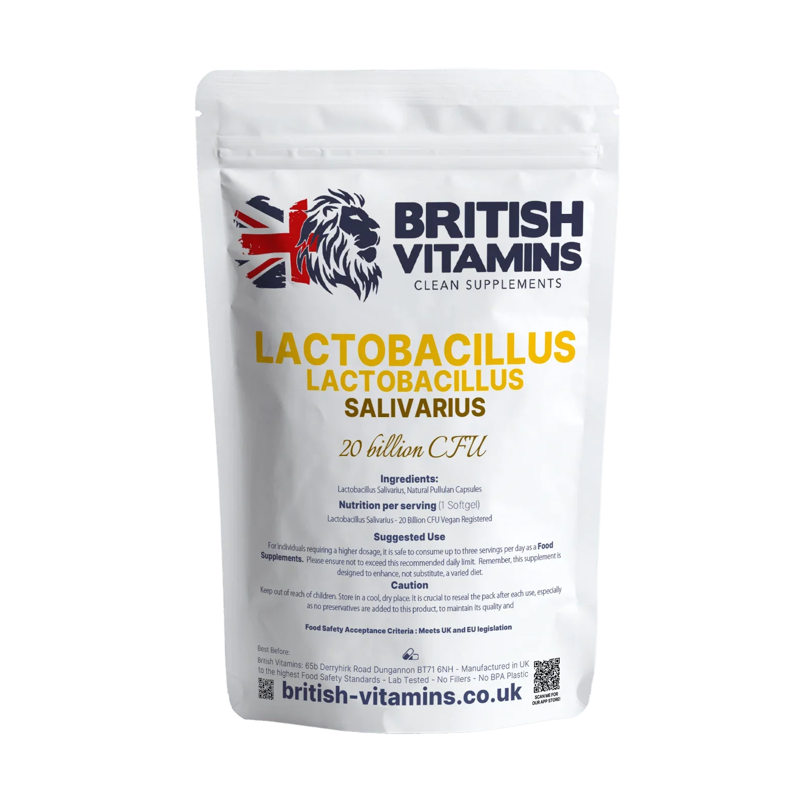 British Vitamins Lactobacillus Salivarius probiotic capsules food supplement from Clean Supplements collection
