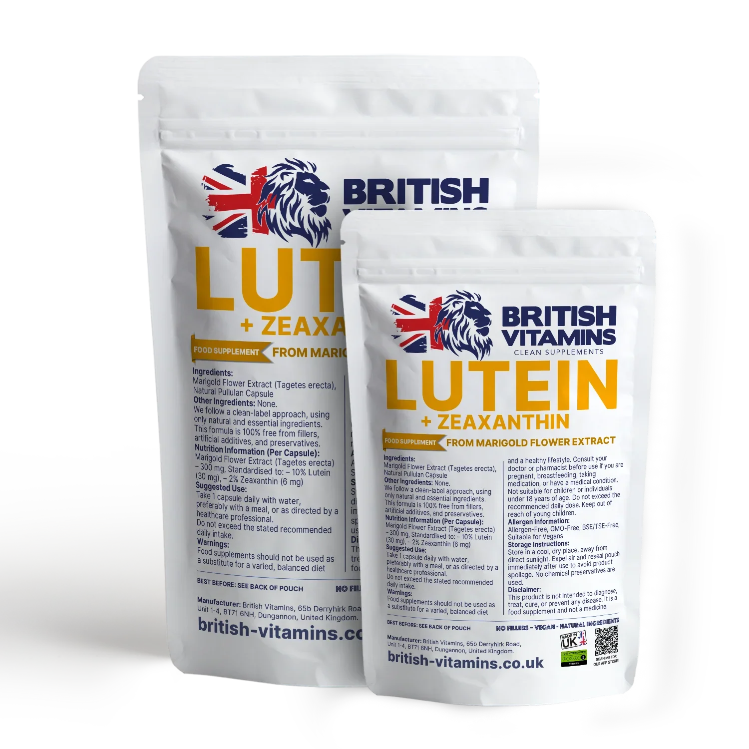 British Vitamins Lutein + Zeaxanthin food supplement capsules in resealable pouches from marigold flower extract collection
