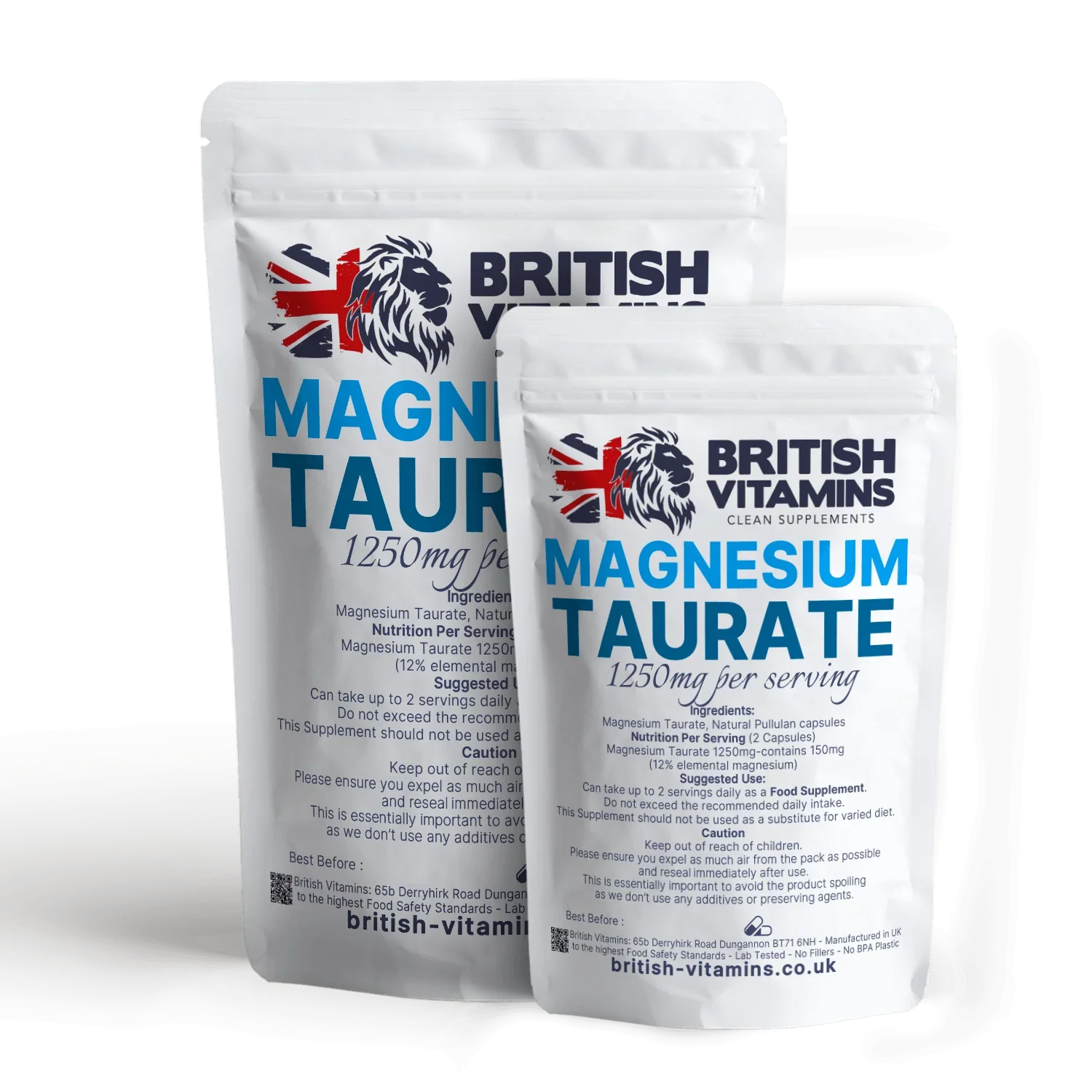 British Vitamins Magnesium Taurate capsules food supplement in white resealable bags, health vitamins collection