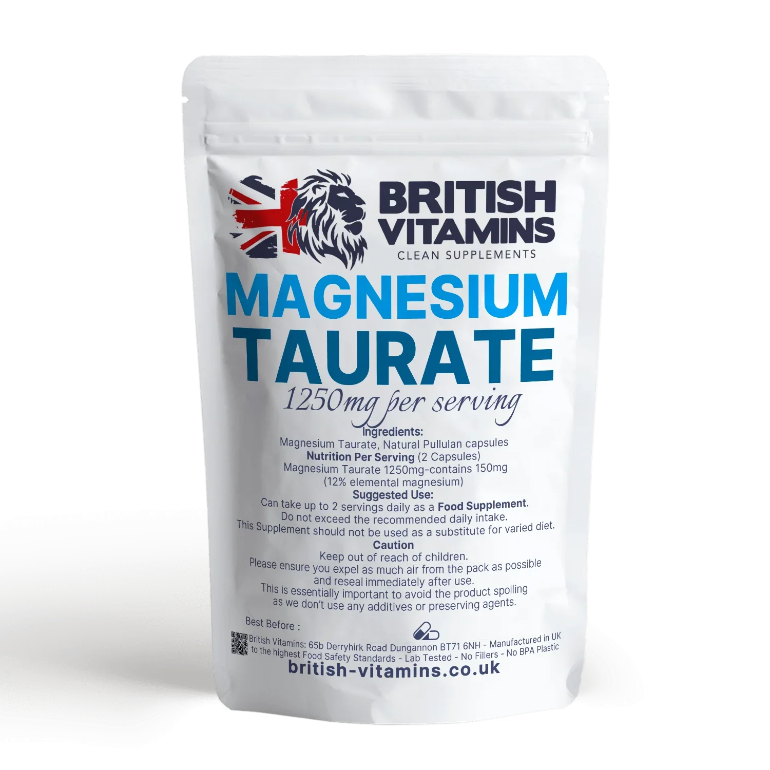 British Vitamins Magnesium Taurate food supplement capsules in white resealable pouch
