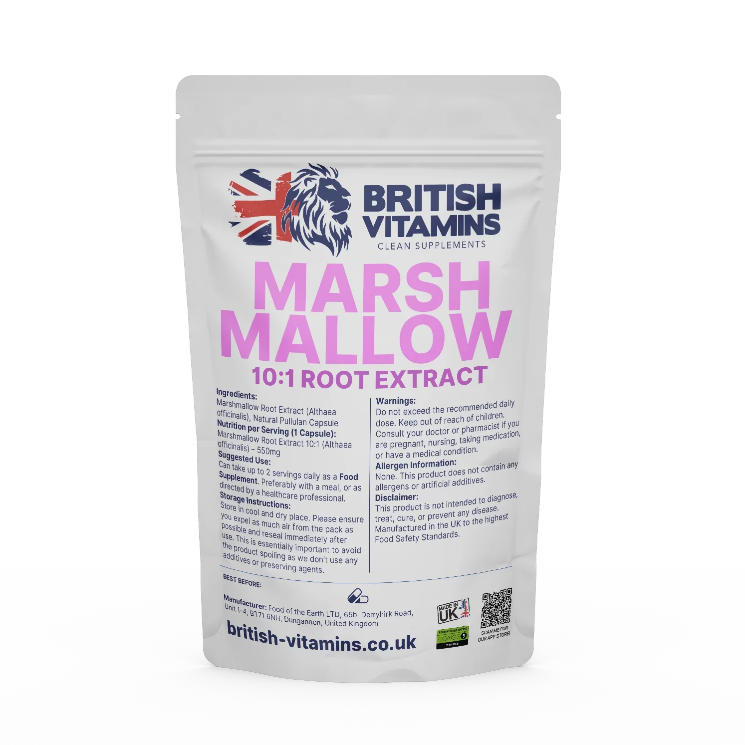 British Vitamins Marsh Mallow 10:1 Root Extract food supplement capsule packaging with product details