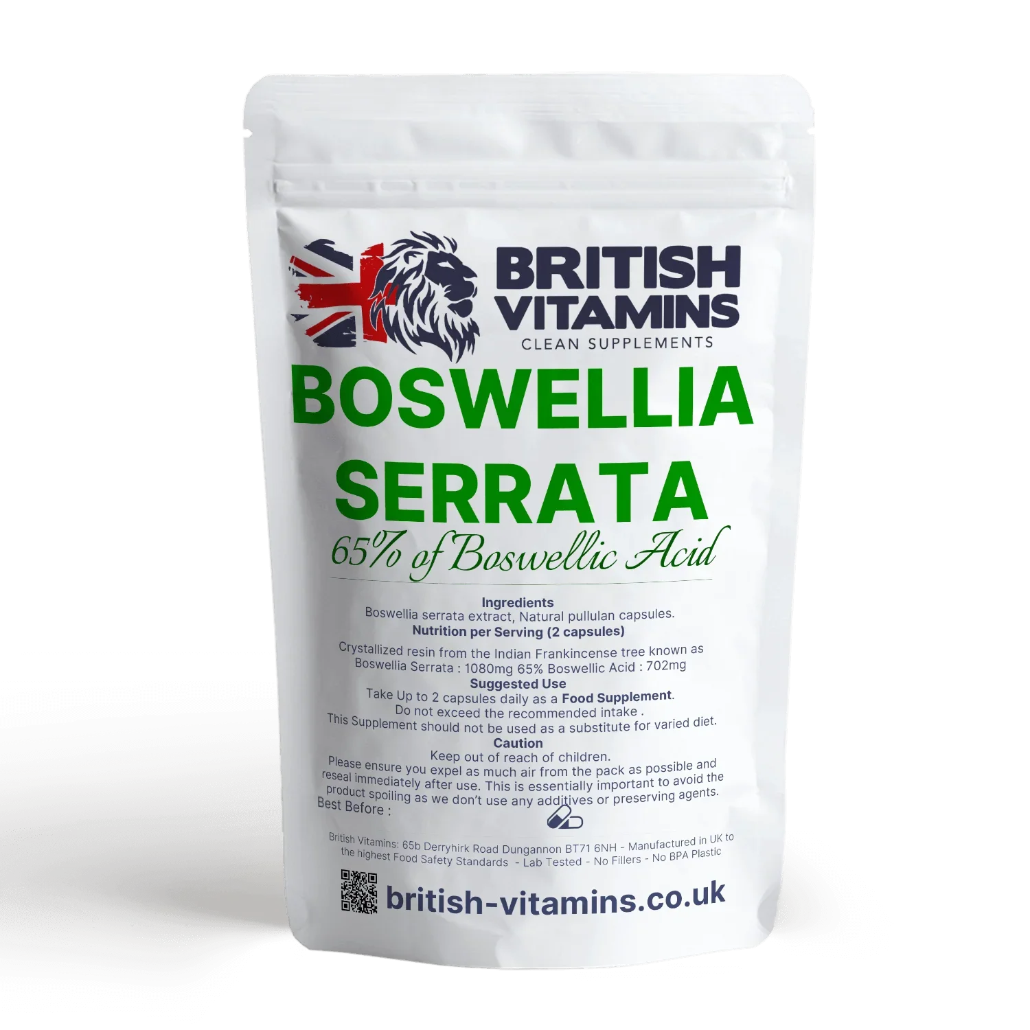 British Vitamins Boswellia Serrata 65% Boswellic Acid food supplement pack, natural capsules
