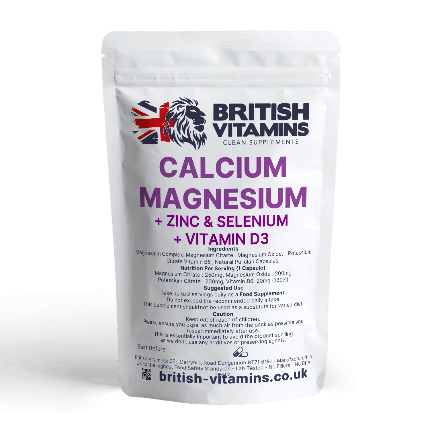 British Vitamins Calcium Magnesium Zinc Selenium Vitamin D3 food supplement capsules pouch