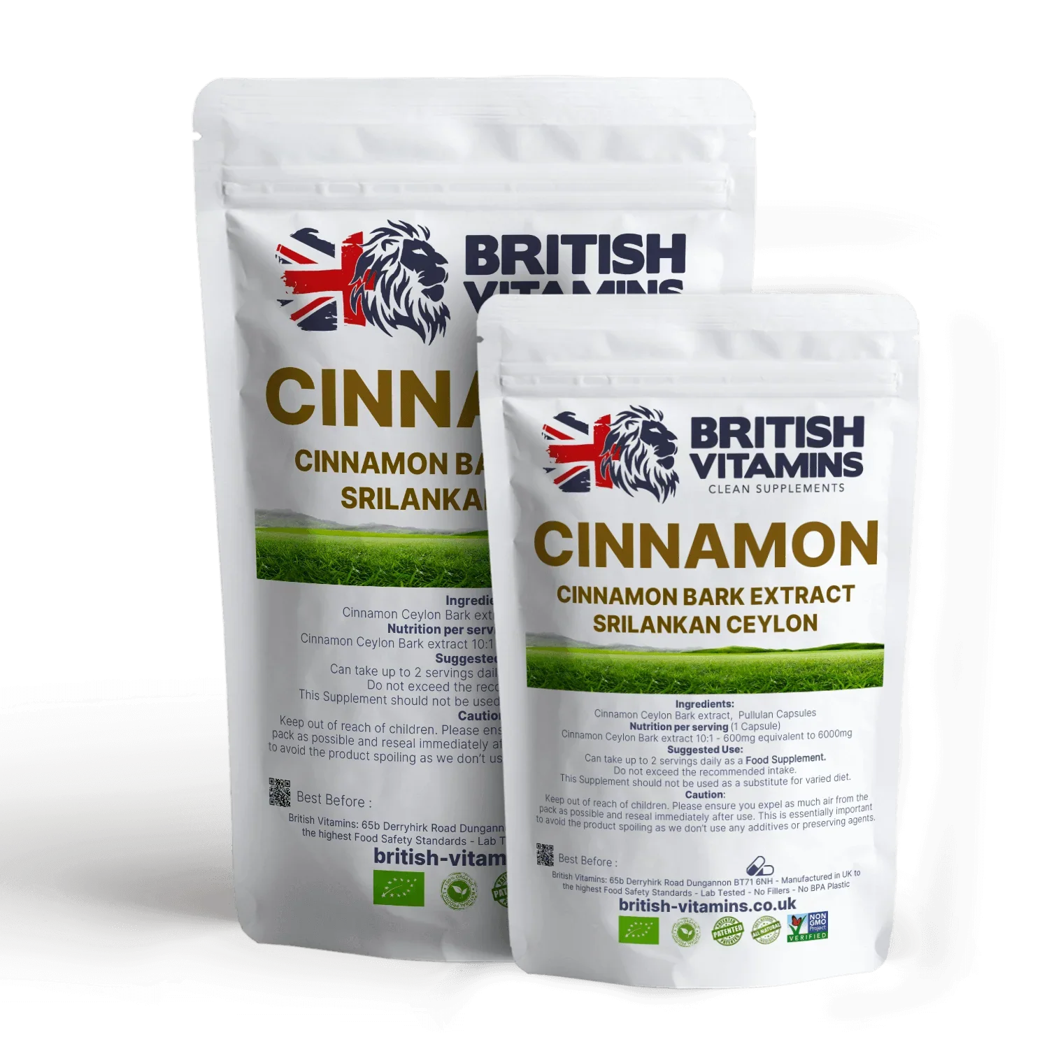 British Vitamins Cinnamon Bark Extract Srilankan Ceylon food supplement capsules in white resealable bags