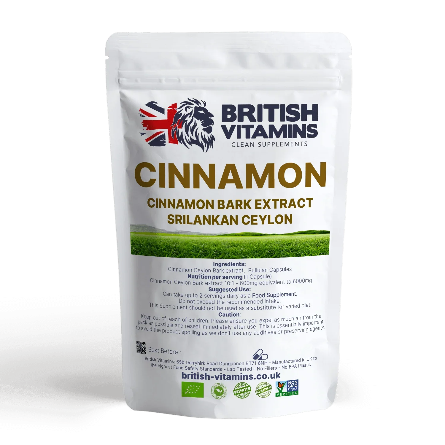 British Vitamins Cinnamon Bark Extract food supplement in white resealable pouch from clean supplements collection