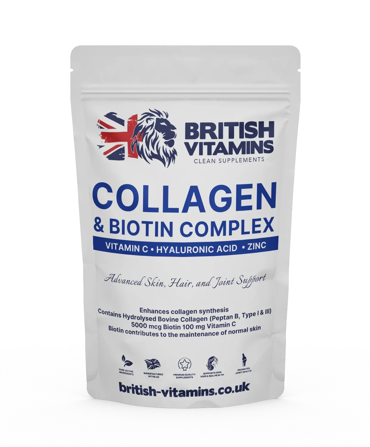 British Vitamins Collagen & Biotin Complex food supplement for skin hair joint support with Vitamin C, Hyaluronic Acid, Zinc