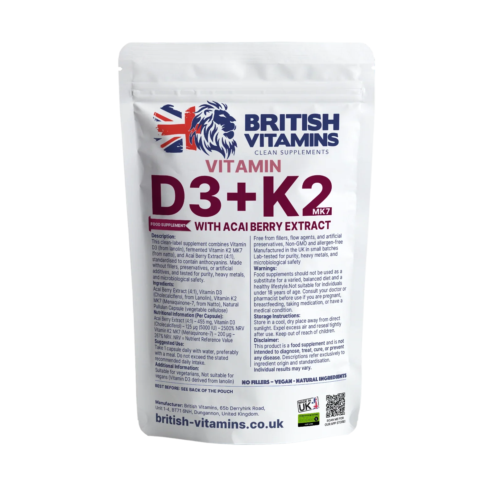 British Vitamins Vitamin D3+K2 MK7 food supplement with Acai Berry Extract pouch dietary supplement