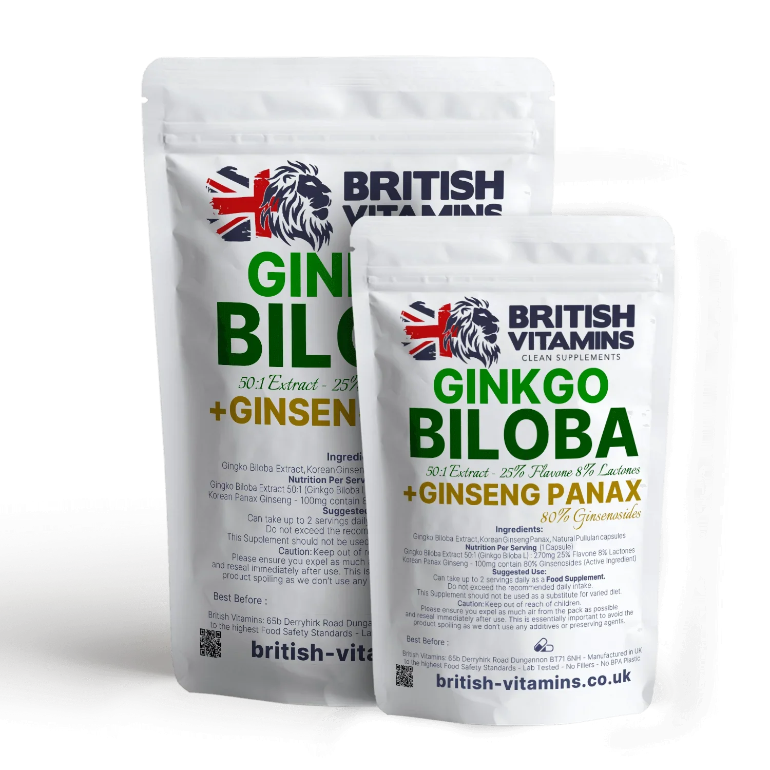 British Vitamins Ginkgo Biloba + Ginseng Panax food supplement capsules in white resealable pouches