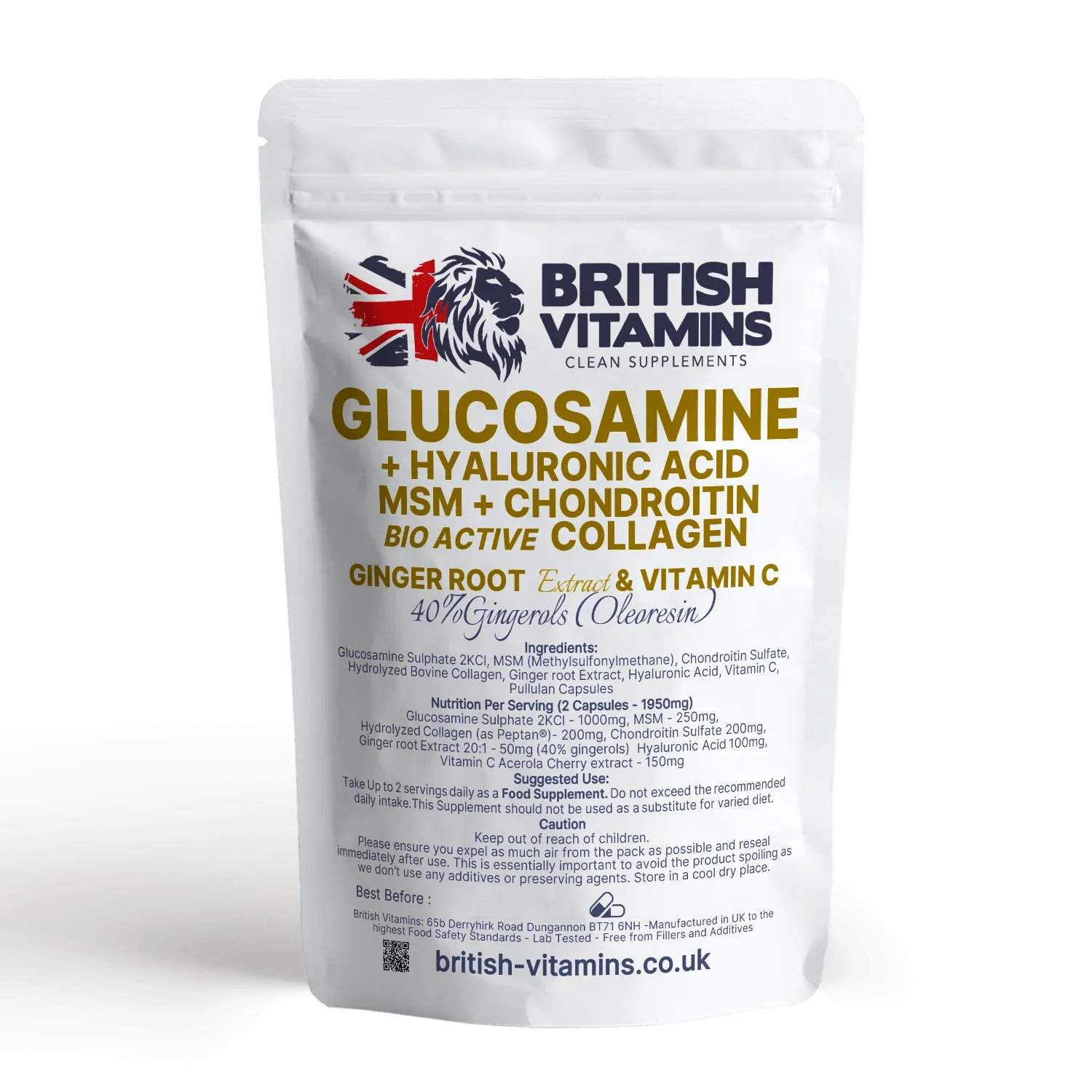 Glucosamine Complex – With MSM, Collagen + Hyaluronic, Chondroitin, and Vitamin C Ginger Health & Beauty:Vitamins & Lifestyle Supplements:Vitamins & Minerals British Vitamins 30 Capsules