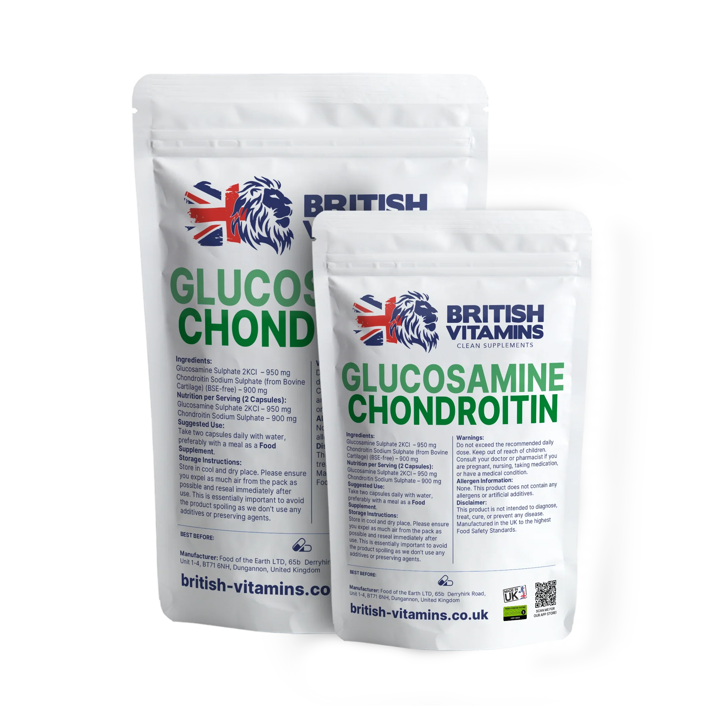 British Vitamins Glucosamine Chondroitin food supplement capsules in white resealable bags