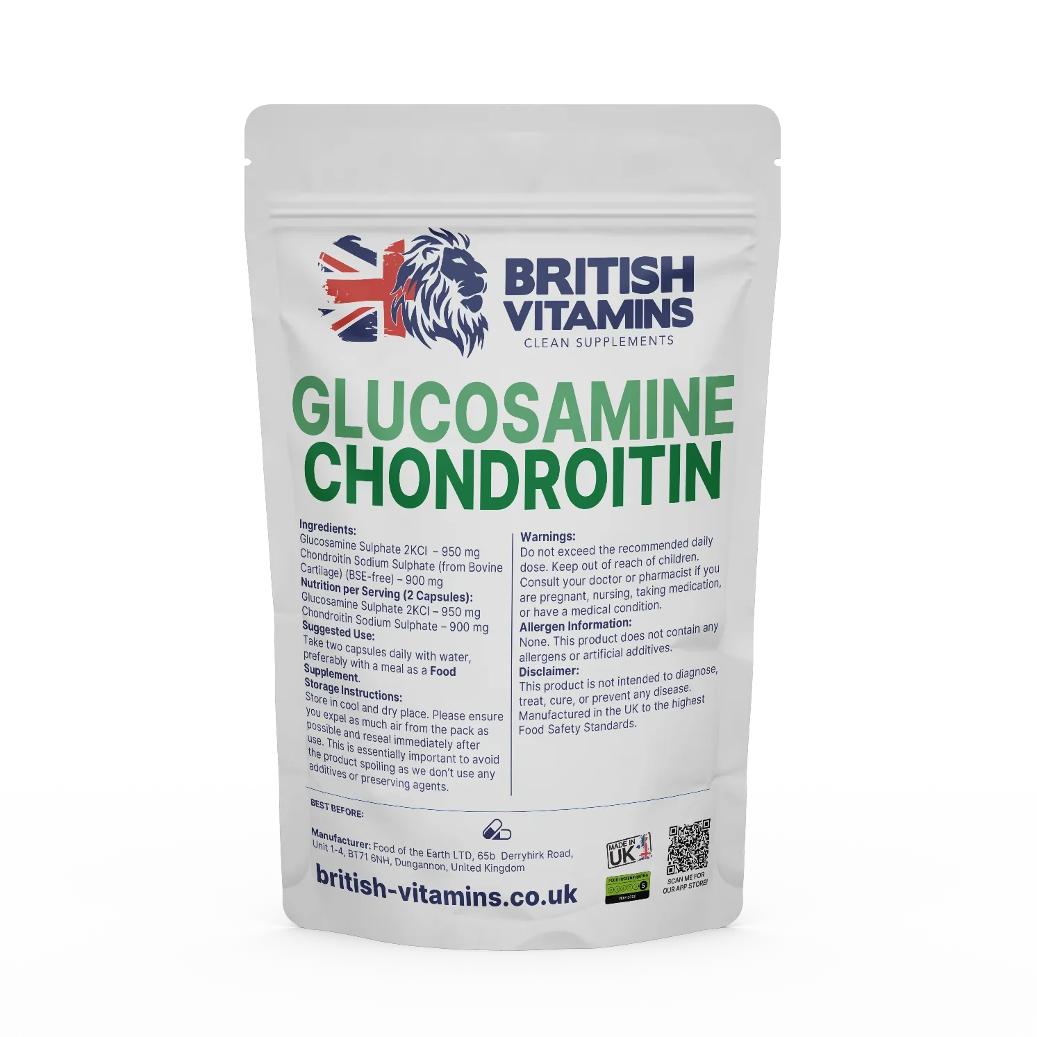 British Vitamins Glucosamine Chondroitin food supplement pouch from clean supplements collection