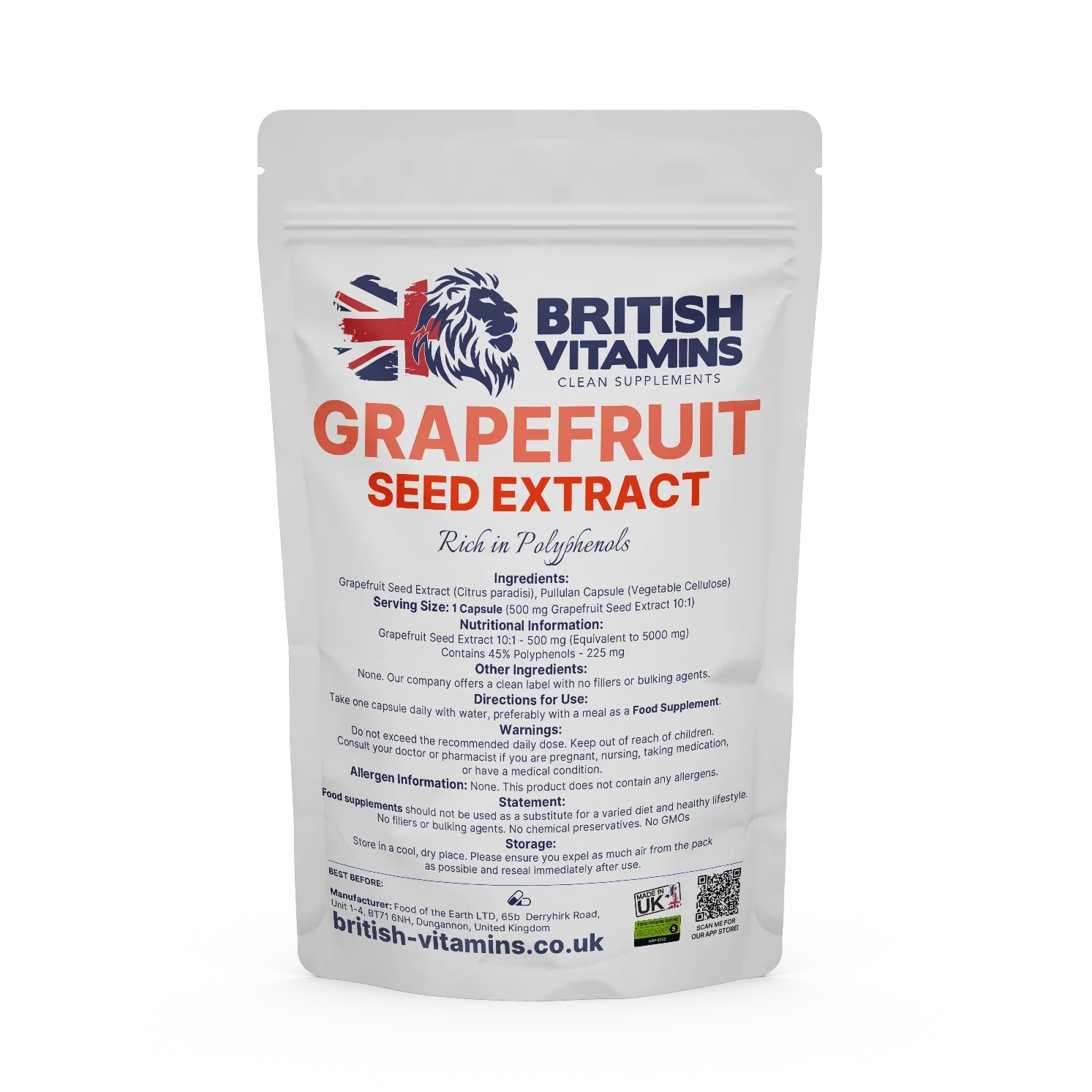 British Vitamins Grapefruit Seed Extract capsules in clean supplements food supplement pouch