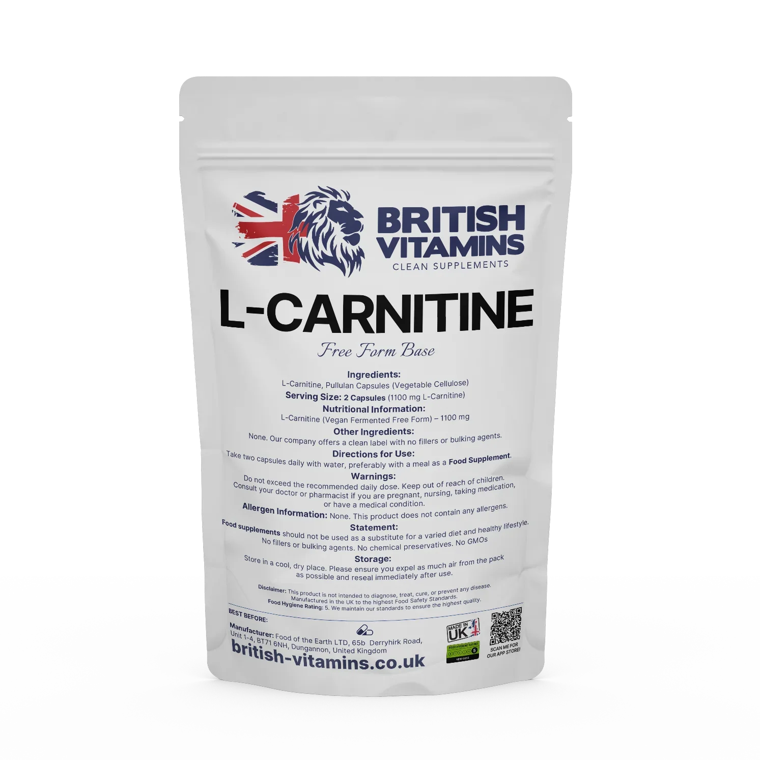 British Vitamins L-Carnitine Free Form Base supplement pouch from Health & Beauty Vitamins collection