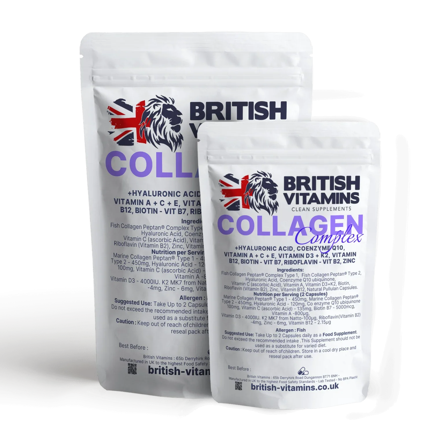 British Vitamins Collagen Complex food supplement pouches with hyaluronic acid multivitamins and minerals