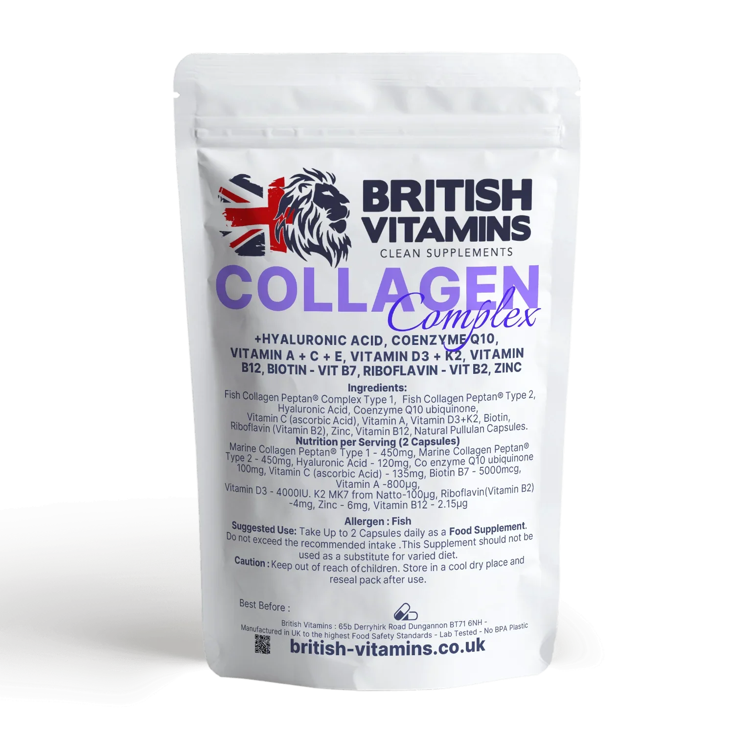 British Vitamins Collagen Complex food supplement pouch with hyaluronic acid and multivitamins