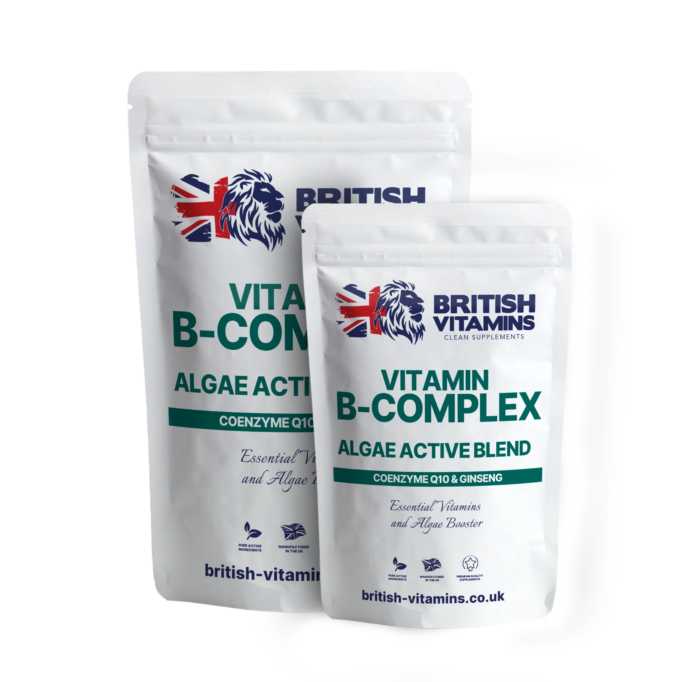 British Vitamins Vitamin B-Complex Algae Active Blend food supplement packaging with Coenzyme Q10 and Ginseng