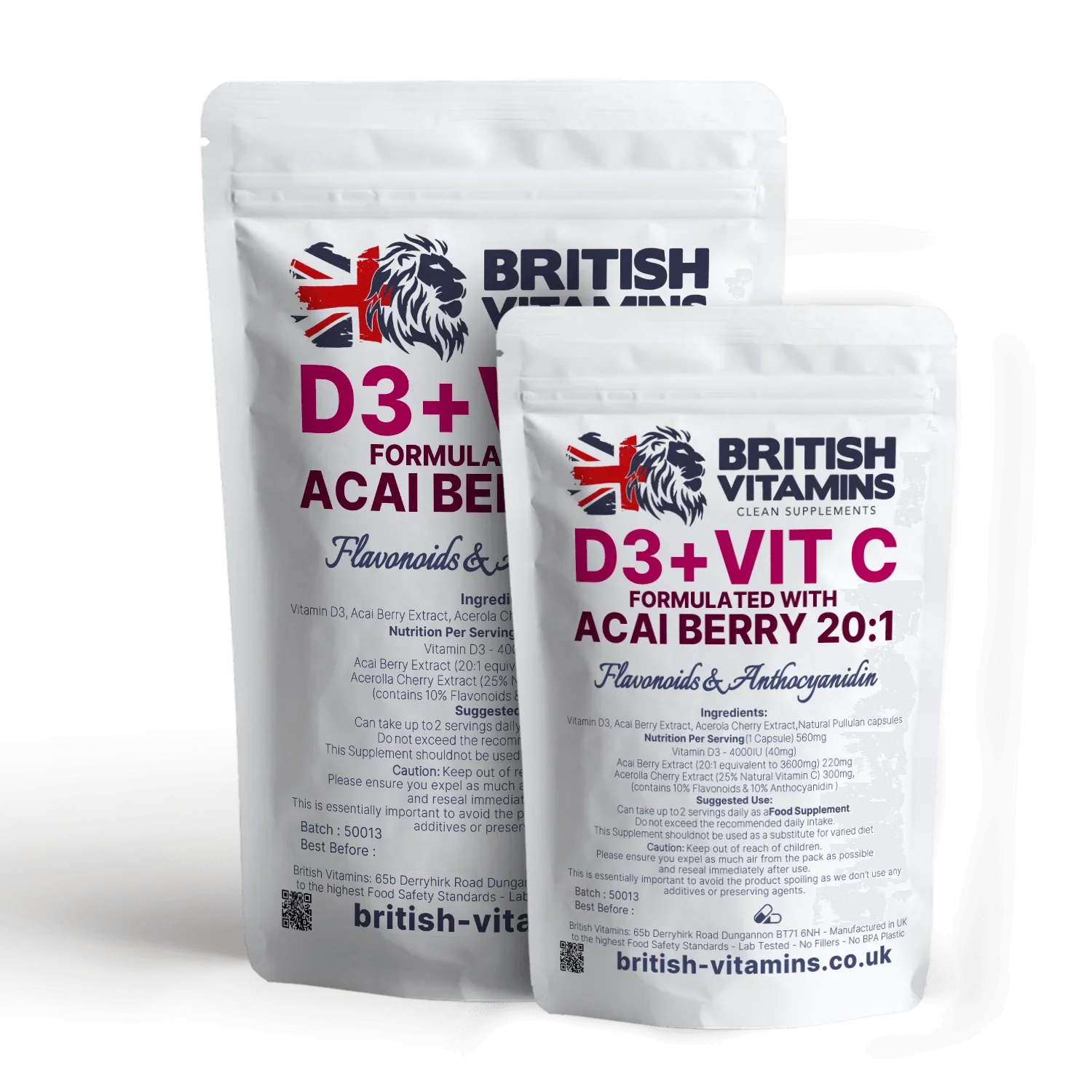 British Vitamins D3+Vit C Acai Berry food supplement capsules in white resealable bags