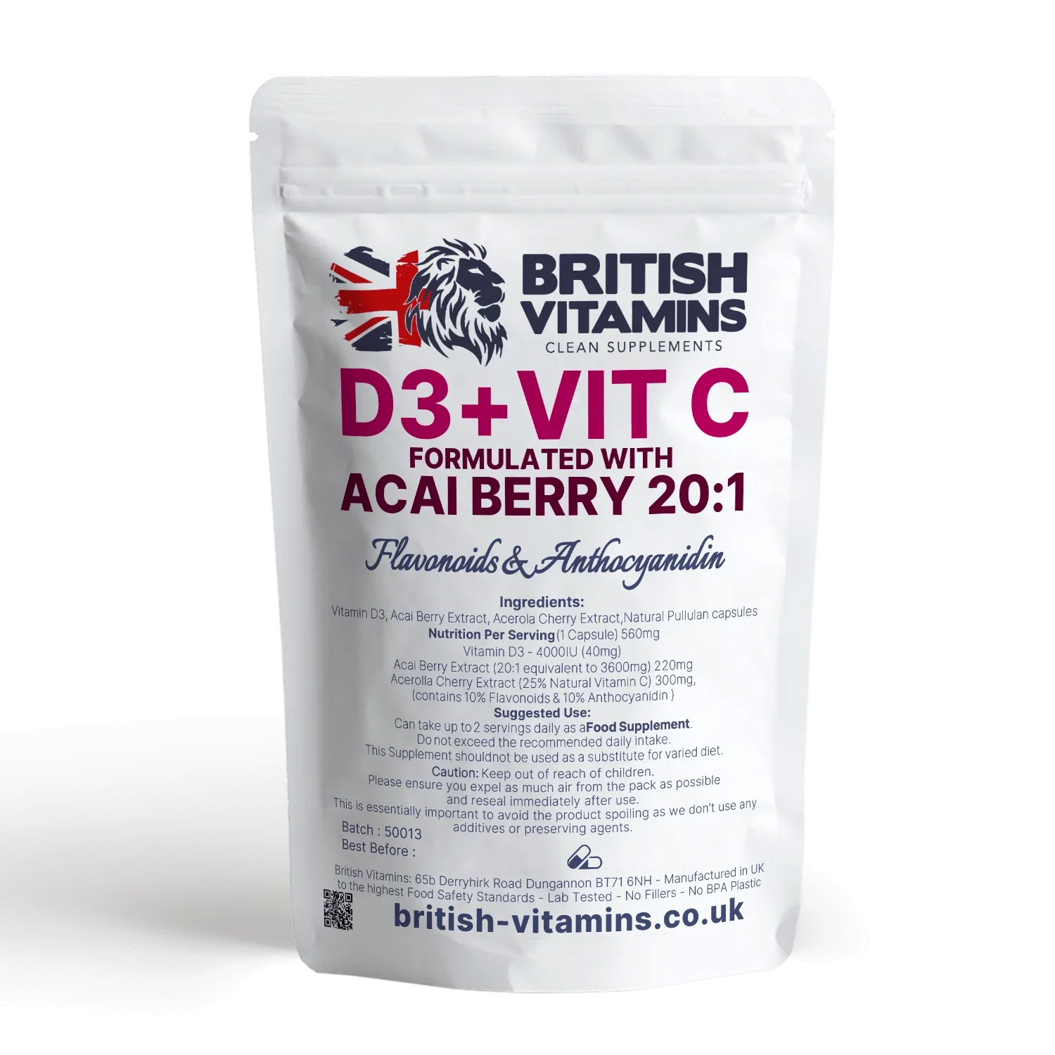 British Vitamins D3+Vit C Acai Berry food supplement bag, health vitamins and minerals capsules