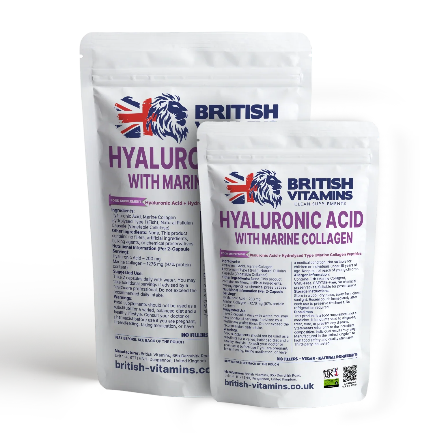British Vitamins Hyaluronic Acid with Marine Collagen food supplement pouches, health vitamins capsules
