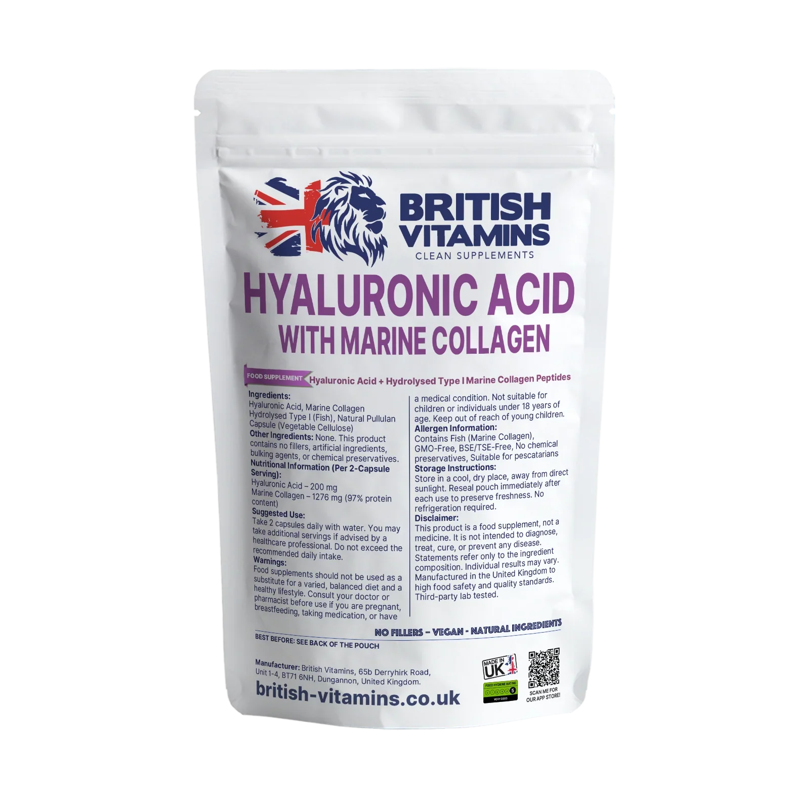 British Vitamins Hyaluronic Acid with Marine Collagen food supplement pouch, clean supplements collection
