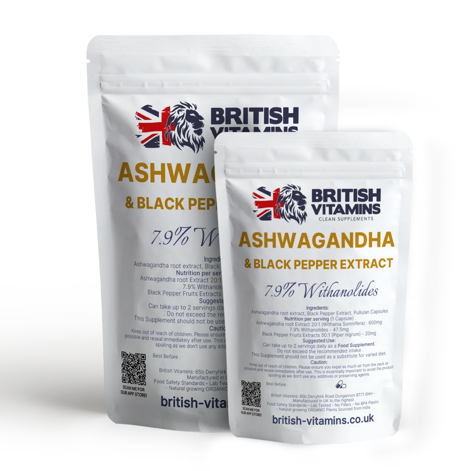 British Vitamins Ashwagandha & Black Pepper Extract food supplement capsules pack