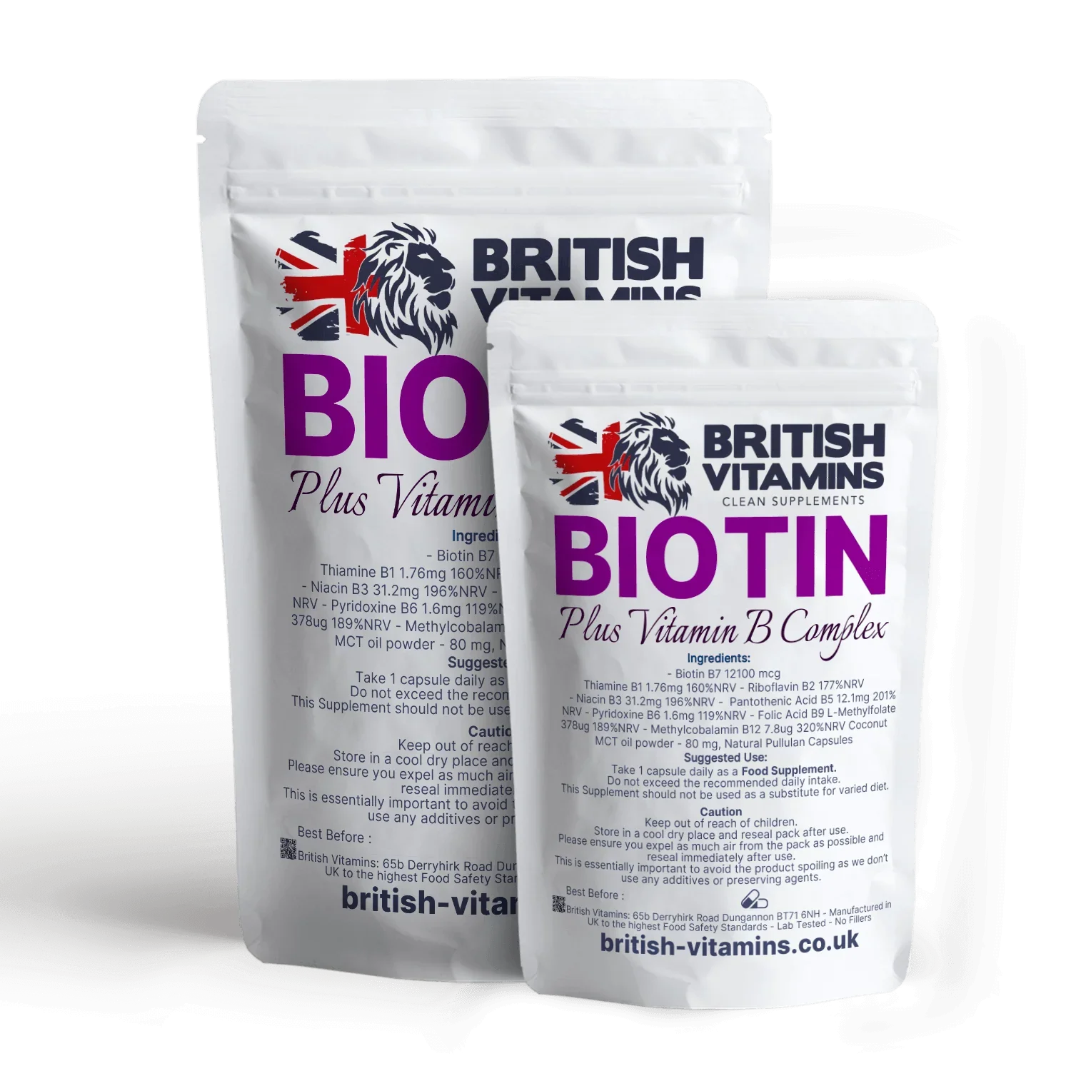 British Vitamins Biotin plus Vitamin B Complex food supplement in white resealable pouches, health vitamins category